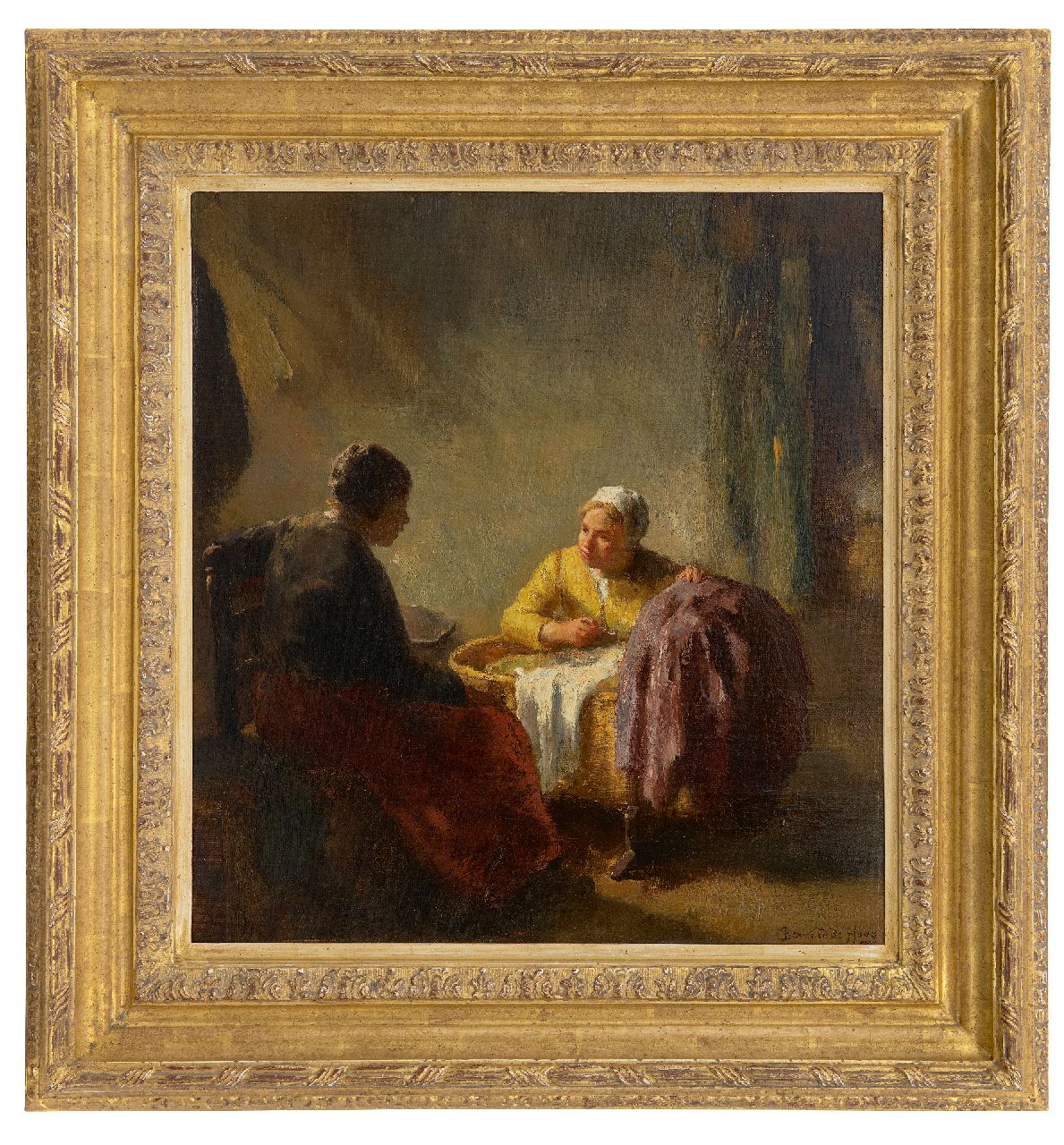 Hoog J.B. de | Johan 'Bernard' de Hoog | Schilderijen te koop aangeboden | Het kraambezoek, olieverf op doek 50,3 x 45,7 cm, gesigneerd rechtsonder Hoog J.B. de | Johan 'Bernard' de Hoog | Schilderijen te koop aangeboden | Het kraambezoek, olieverf op doek 50,3 x 45,7 cm, gesigneerd rechtsonder