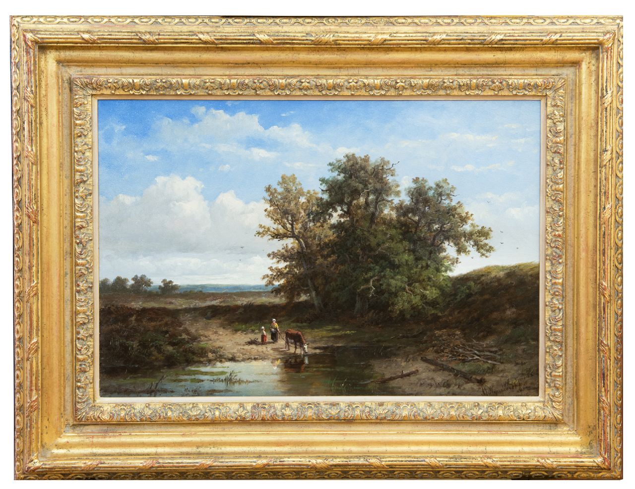 Wijngaerdt A.J. van | Anthonie Jacobus van Wijngaerdt, Boerin met drinkende koe bij een vennetje, olieverf op doek 37,2 x 54,4 cm, gesigneerd rechtsonder Wijngaerdt A.J. van | Anthonie Jacobus van Wijngaerdt, Boerin met drinkende koe bij een vennetje, olieverf op doek 37,2 x 54,4 cm, gesigneerd rechtsonder
