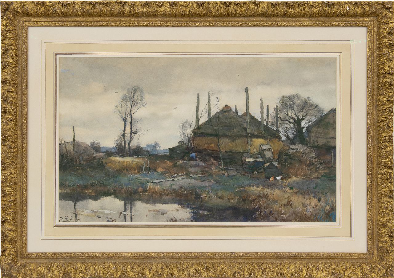 Windt Ch. van der | Christophe 'Chris' van der Windt | Aquarellen en tekeningen te koop aangeboden | Boerderij aan het water, aquarel en gouache op papier 42,3 x 70,2 cm, gesigneerd linksonder en gedateerd 1906