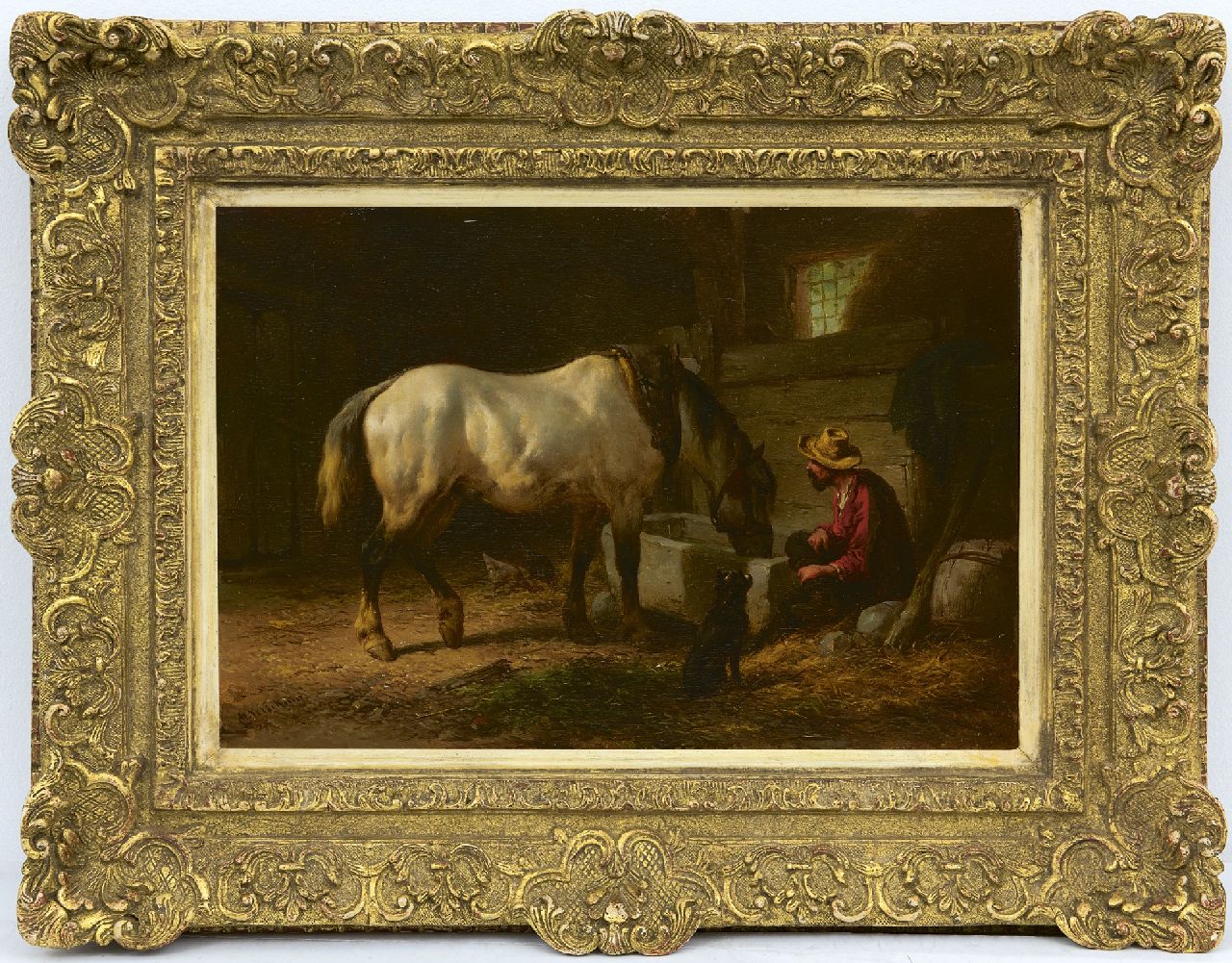 Verschuur W.  | Wouterus Verschuur, Aan de drinkbak, olieverf op paneel 23,0 x 33,5 cm, gesigneerd linksonder
