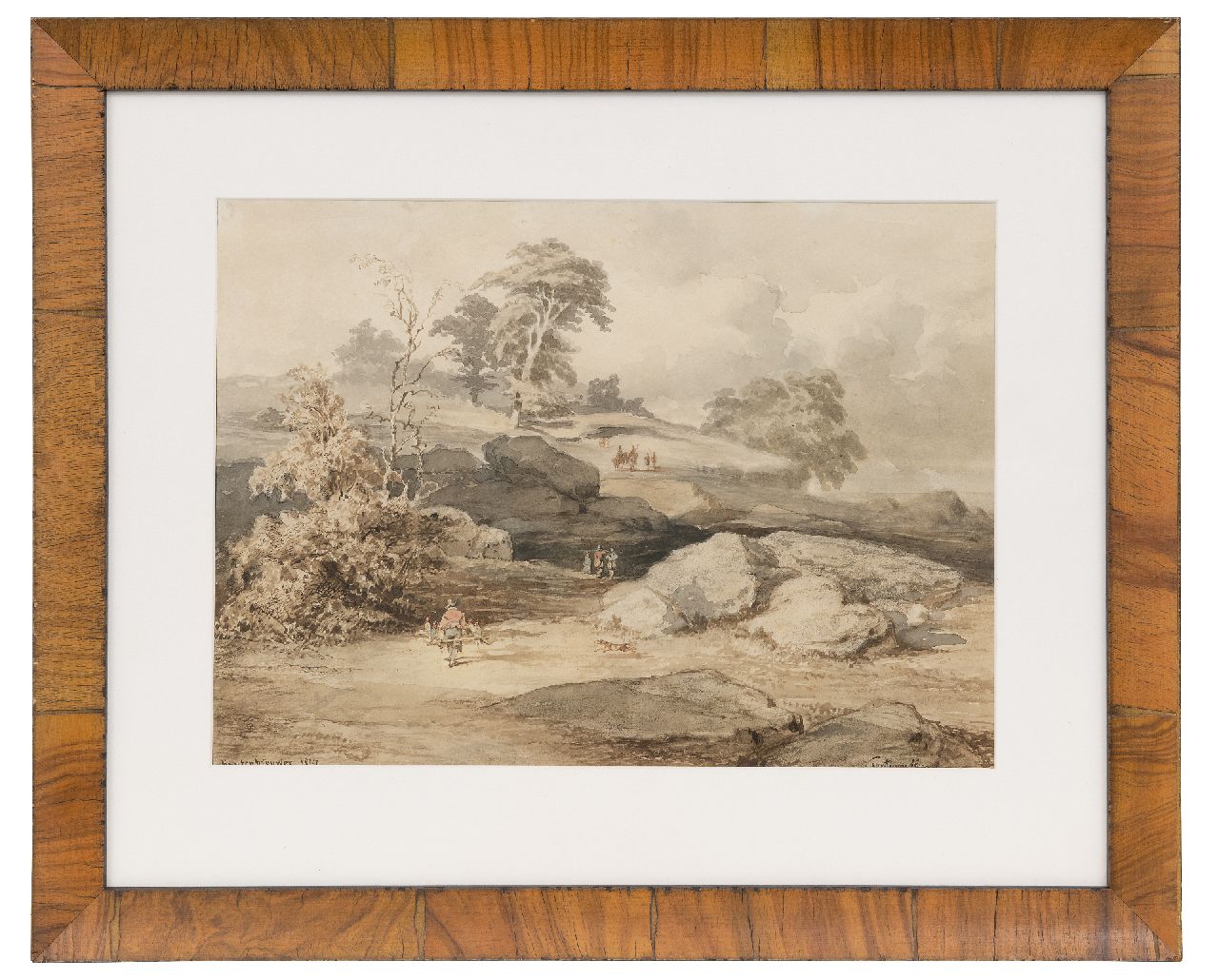 Kuytenbrouwer II M.A. | Martinus Antonius Kuytenbrouwer II, Valkenjacht bij de rotsen van Cuvier Chatillon in het bos van Fontainebleau, bruine inkt, zwart krijt en aquarel op papier 24,6 x 34,0 cm, gesigneerd linksonder en gedateerd 1847 Kuytenbrouwer II M.A. | Martinus Antonius Kuytenbrouwer II, Valkenjacht bij de rotsen van Cuvier Chatillon in het bos van Fontainebleau, bruine inkt, zwart krijt en aquarel op papier 24,6 x 34,0 cm, gesigneerd linksonder en gedateerd 1847