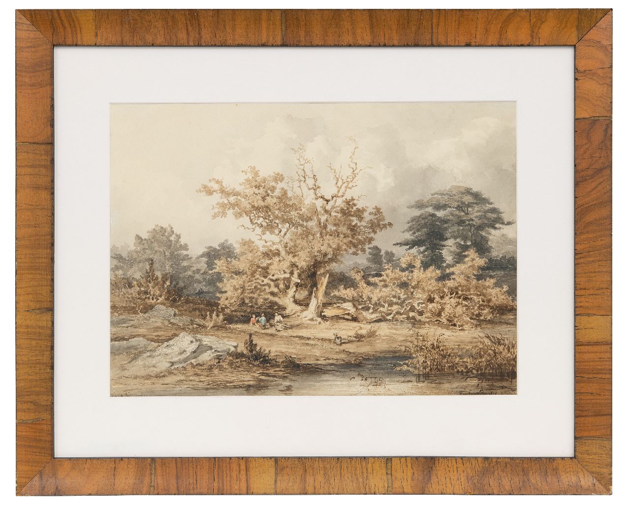 Kuytenbrouwer II M.A.  | Martinus Antonius Kuytenbrouwer II | Aquarellen en tekeningen te koop aangeboden | Gezicht in het bos van Fontainebleau, bruine inkt, zwart krijt en aquarel op papier 24,6 x 34,0 cm, gesigneerd rechtsonder