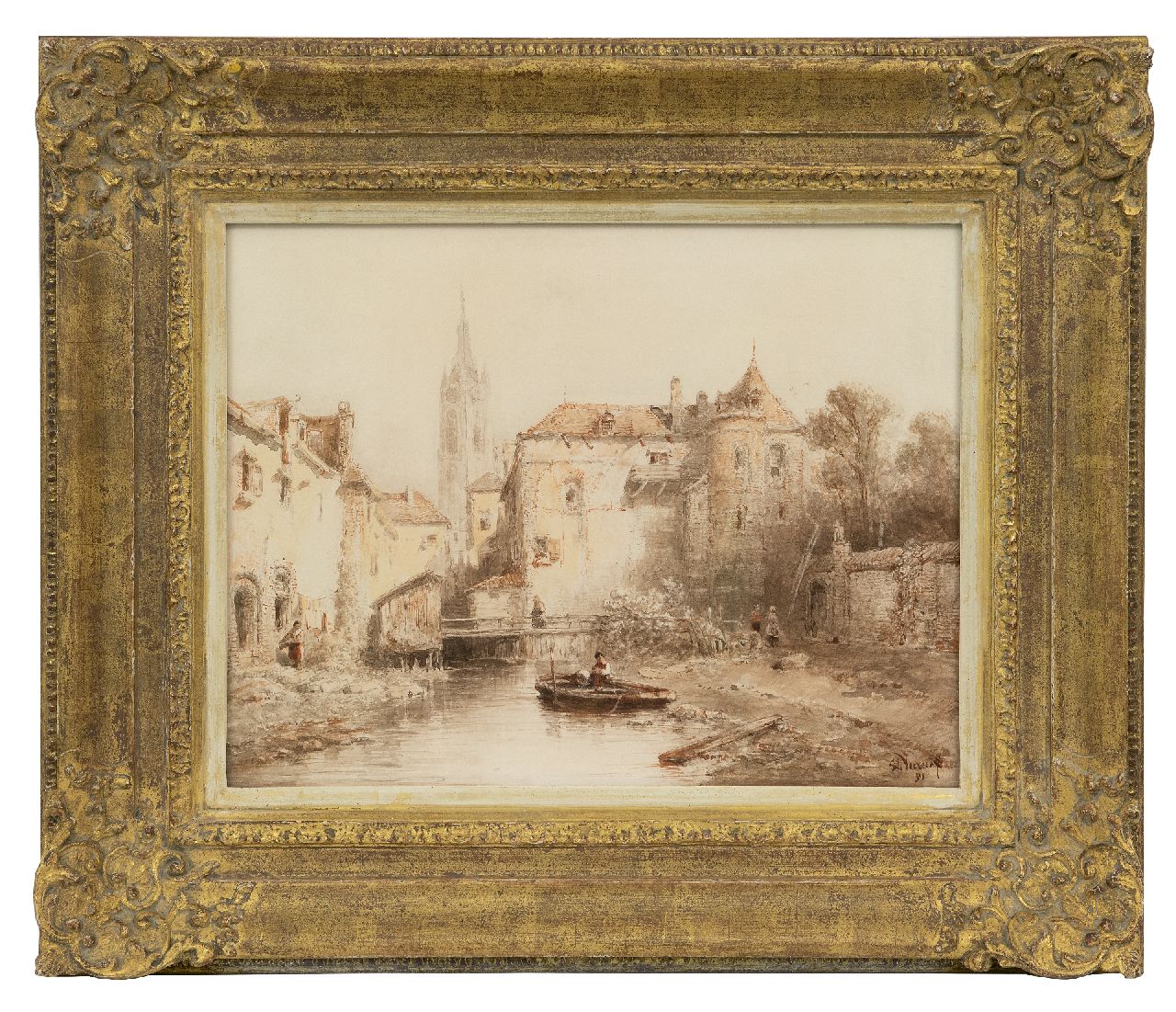 Verveer S.L.  | 'Salomon' Leonardus Verveer | Aquarellen en tekeningen te koop aangeboden | Stadsgezicht met klokkentoren in de verte, inkt en aquarel op papier 25,0 x 33,0 cm, gesigneerd rechtsonder en gedateerd '51