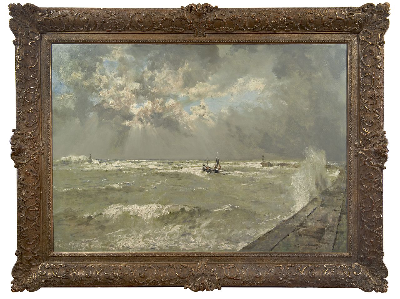 Mastenbroek J.H. van | Johan Hendrik van Mastenbroek, Een logger bij ruw weer, Scheveningse haven, olieverf op doek 70,3 x 100,1 cm, gesigneerd rechtsonder en gedateerd 1936