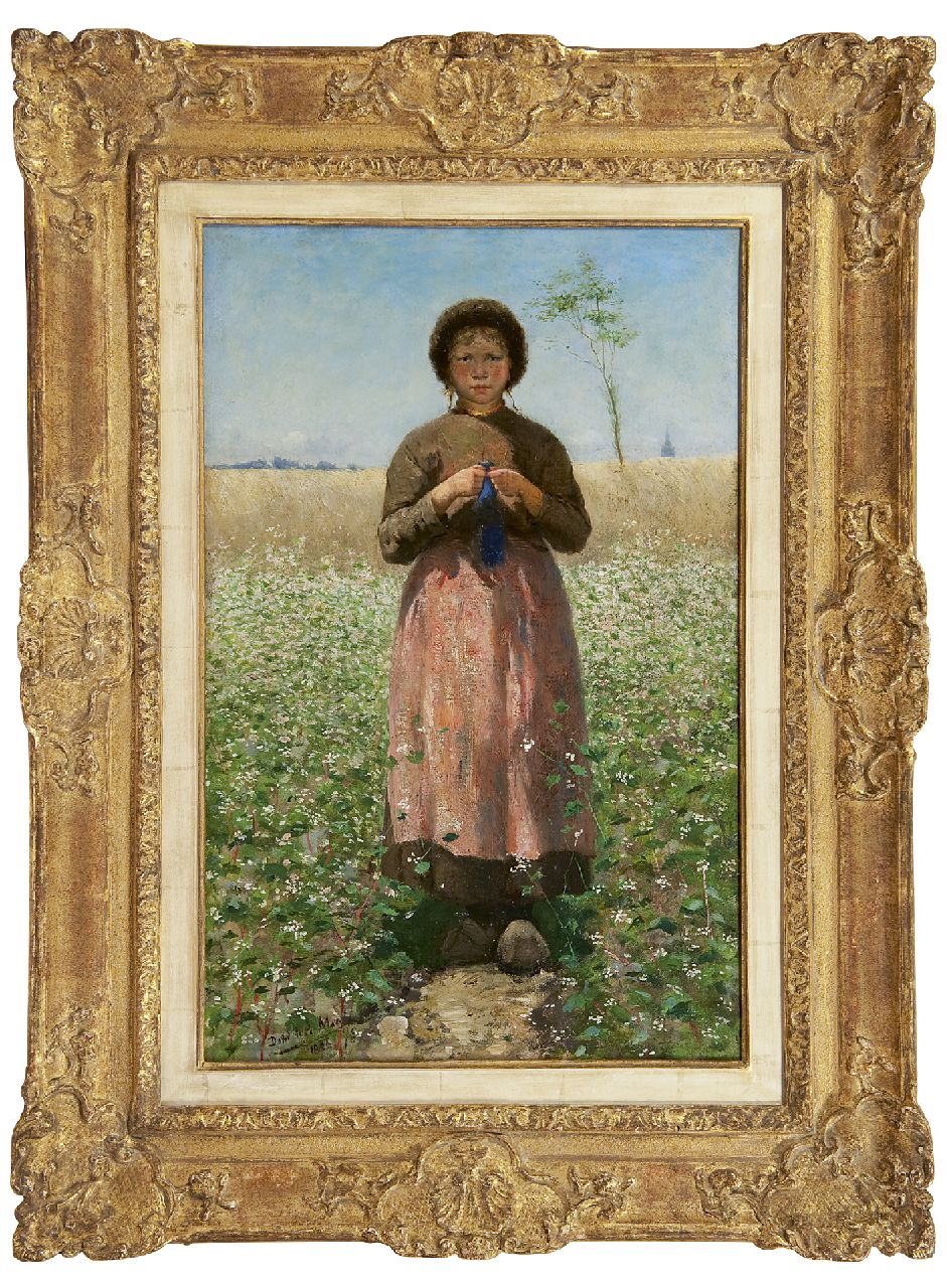 Mar D. de la | David de la Mar, Breiend meisje in bloeiende boekweitakker, olieverf op doek 54,2 x 35,0 cm, gesigneerd linksonder en gedateerd 1886 Mar D. de la | David de la Mar, Breiend meisje in bloeiende boekweitakker, olieverf op doek 54,2 x 35,0 cm, gesigneerd linksonder en gedateerd 1886
