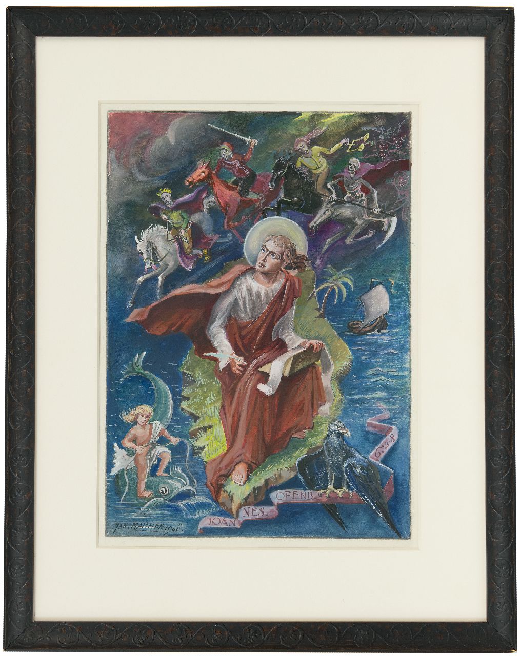 Mammen J.  | Jan Mammen | Aquarellen en tekeningen te koop aangeboden | Johannes op Patmos, aquarel en gouache op papier 27,8 x 20,0 cm, gesigneerd linksonder en gedateerd 1948