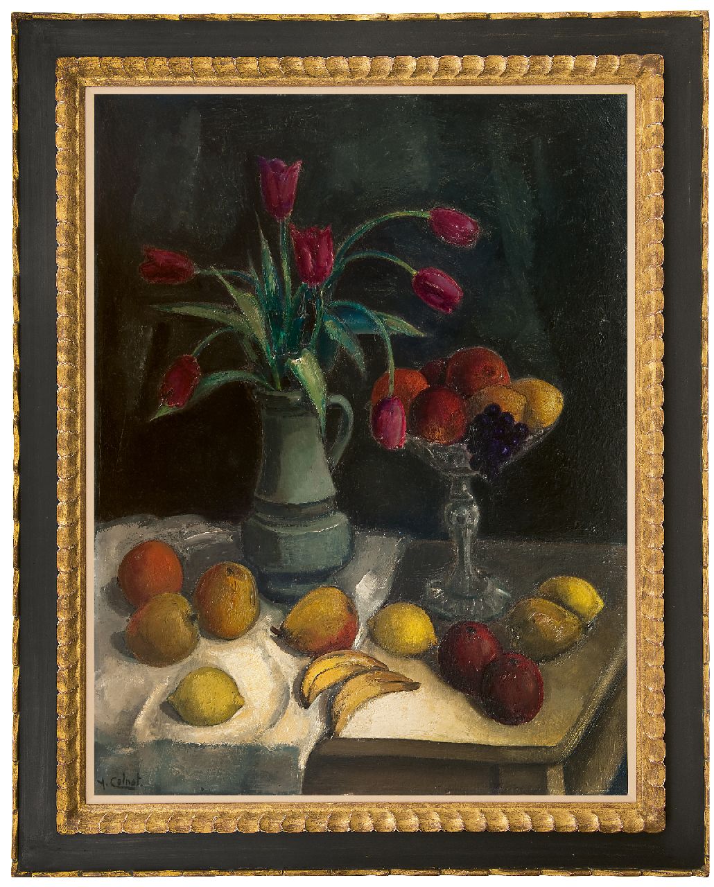 Colnot A.J.G. | 'Arnout' Jacobus Gustaaf Colnot, Stilleven met fruit en tulpen op een tafel, olieverf op doek 92,2 x 70,4 cm, gesigneerd linksonder Colnot A.J.G. | 'Arnout' Jacobus Gustaaf Colnot, Stilleven met fruit en tulpen op een tafel, olieverf op doek 92,2 x 70,4 cm, gesigneerd linksonder