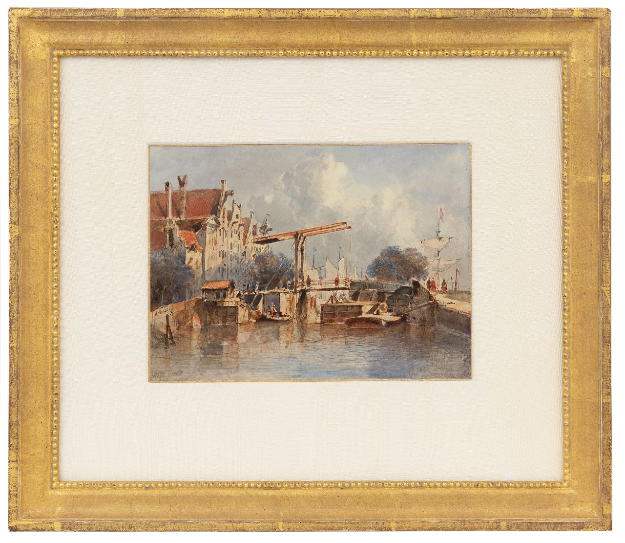 Waldorp A.  | Antonie Waldorp | Aquarellen en tekeningen te koop aangeboden | Gezicht op een Hollands sluisje, aquarel op papier 16,9 x 23,0 cm, gesigneerd links van het midden