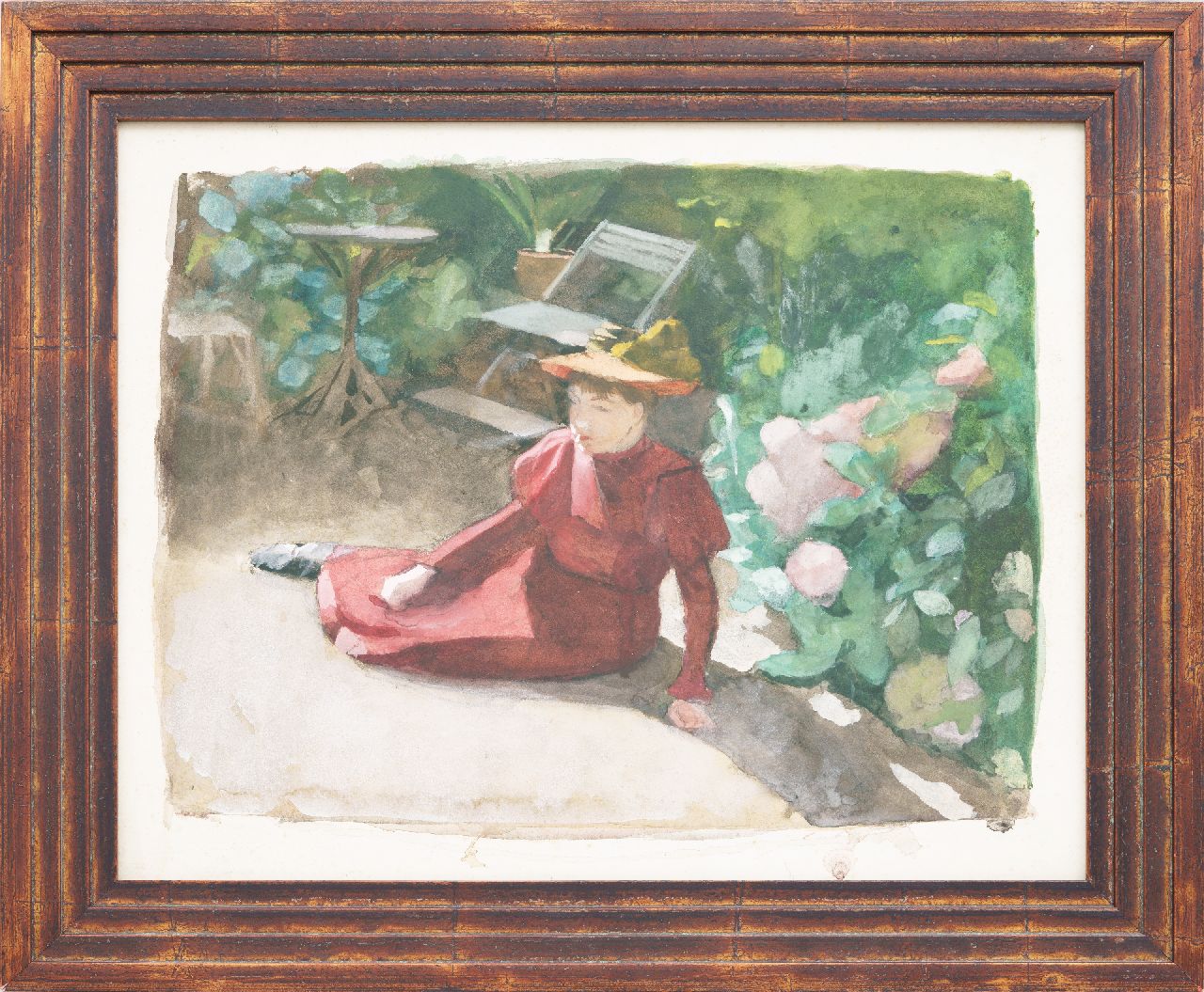 Heineken M. | Marie Heineken, Vrouw poserend in de tuin, aquarel op papier 44,5 x 55,6 cm Heineken M. | Marie Heineken, Vrouw poserend in de tuin, aquarel op papier 44,5 x 55,6 cm