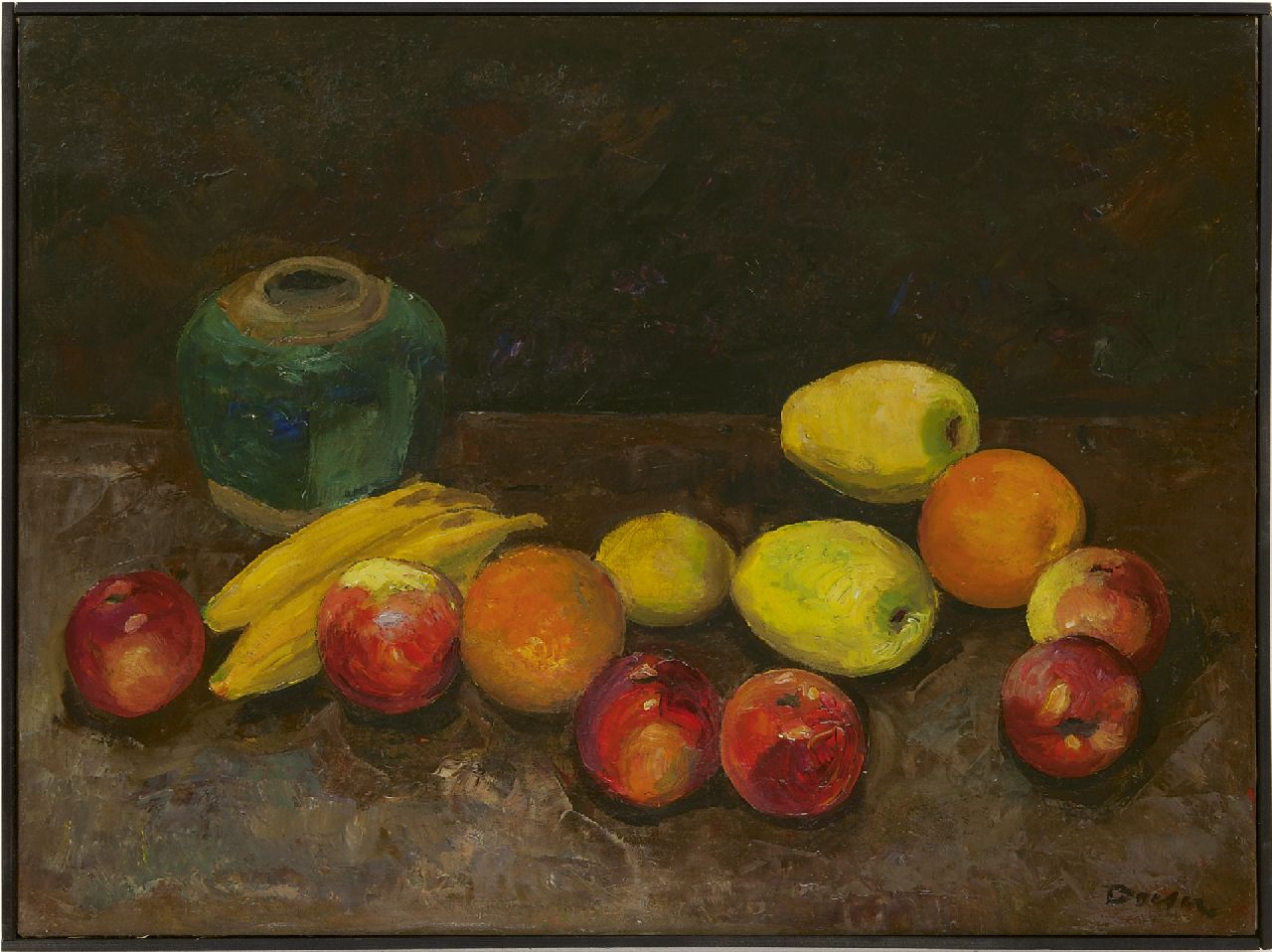 Doeser J.J. | 'Jacobus' Johannes Doeser | Schilderijen te koop aangeboden | Stilleven met fruit en gemberpot, olieverf op doek 60,8 x 80,5 cm, gesigneerd rechtsonder Doeser J.J. | 'Jacobus' Johannes Doeser | Schilderijen te koop aangeboden | Stilleven met fruit en gemberpot, olieverf op doek 60,8 x 80,5 cm, gesigneerd rechtsonder