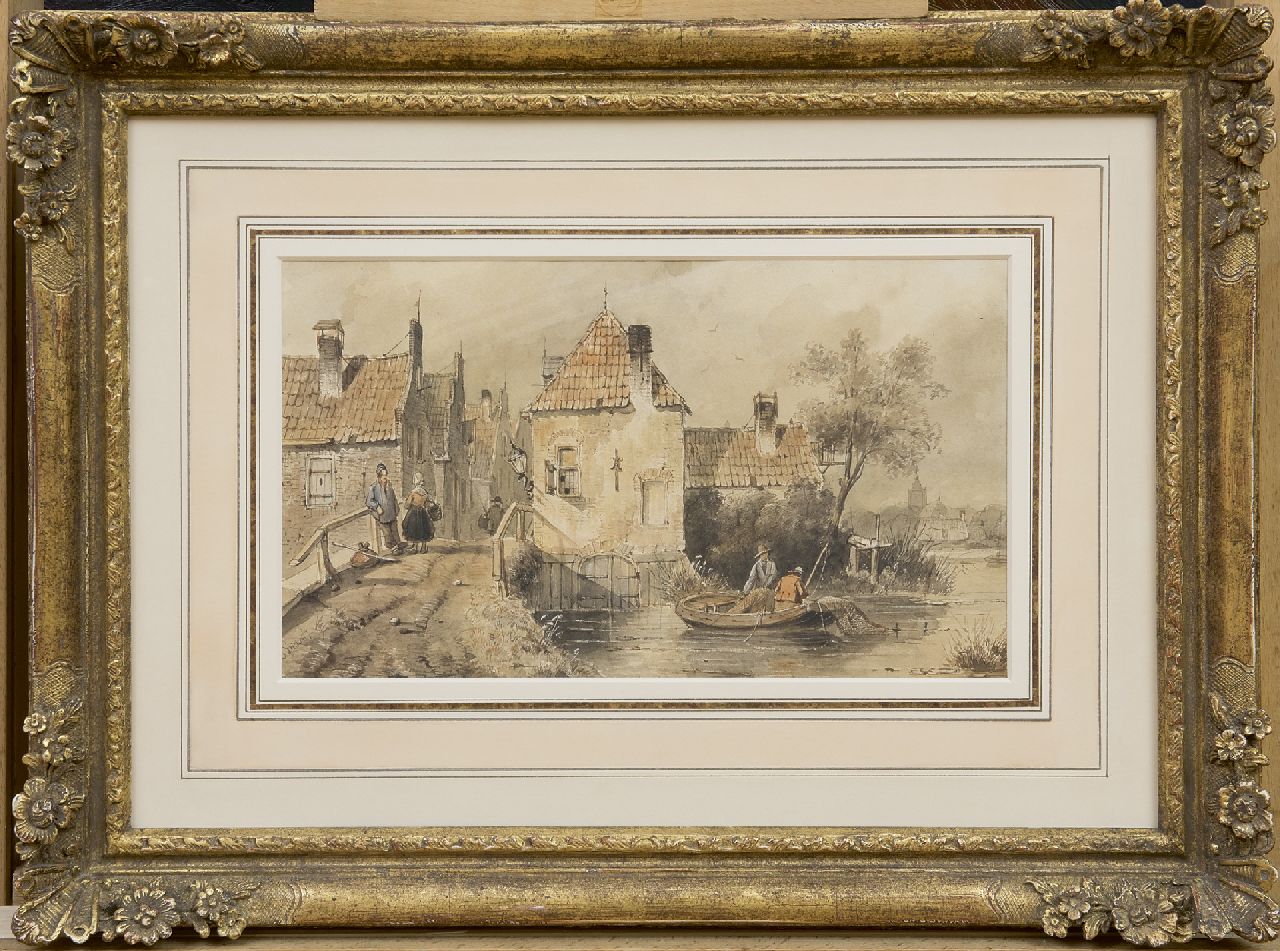 Leickert C.H.J.  | 'Charles' Henri Joseph Leickert, Dorpsgezicht met pratende figuren en vissers, pen en inkt en aquarel op papier 18,4 x 30,6 cm, gesigneerd linksonder