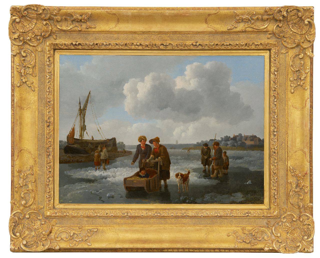 Koningh L. de | Leendert de Koningh, IJsvissers en slede op een bevroren rivier, olieverf op paneel 30,1 x 42,0 cm, gesigneerd links van het midden Koningh L. de | Leendert de Koningh, IJsvissers en slede op een bevroren rivier, olieverf op paneel 30,1 x 42,0 cm, gesigneerd links van het midden