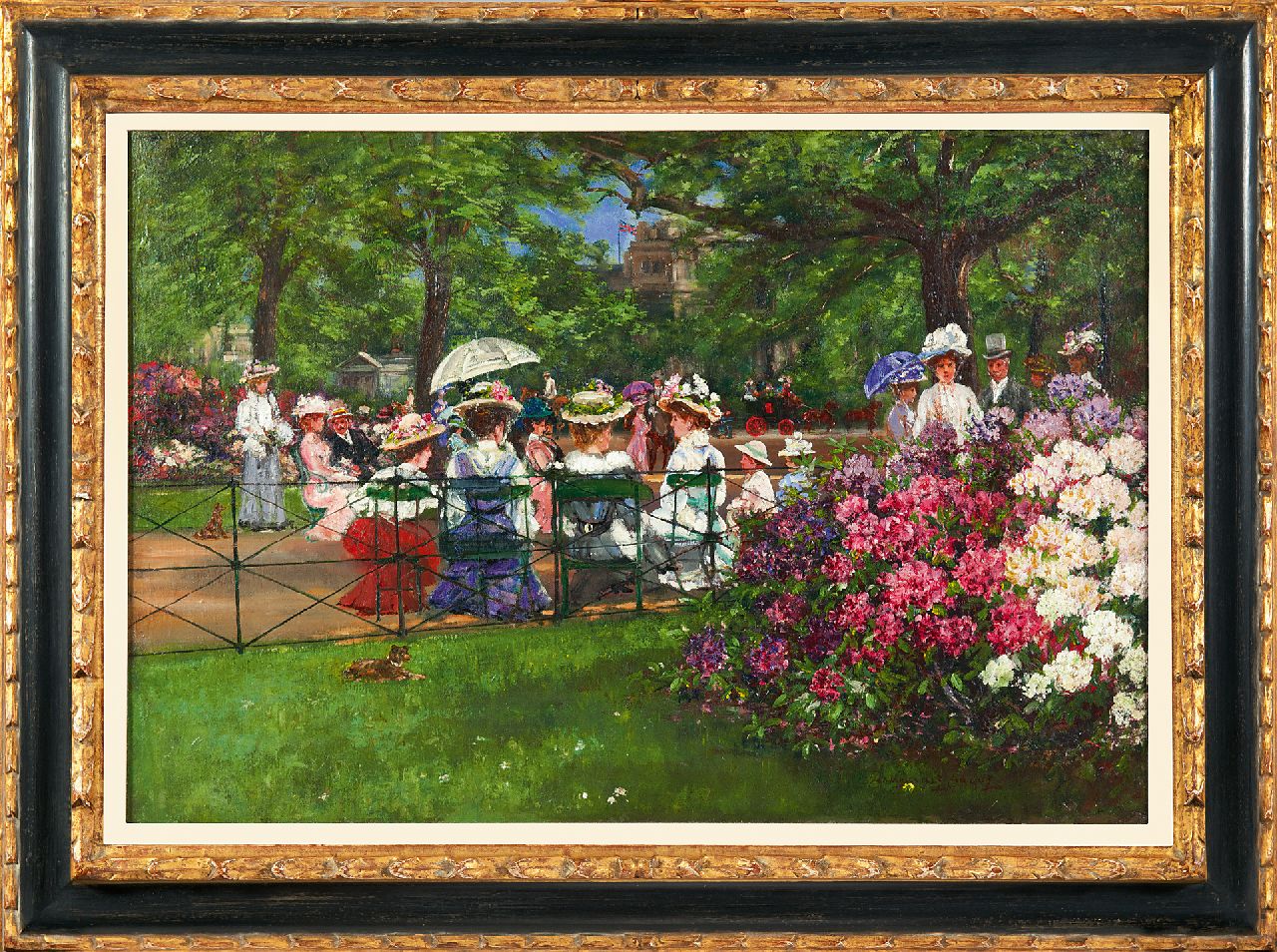 Hague J.E.H. | Joseph Edward Homerville Hague, Elegant gezelschap in Hyde Park, Londen, olieverf op doek 43,5 x 64,2 cm, gesigneerd rechtsonder Hague J.E.H. | Joseph Edward Homerville Hague, Elegant gezelschap in Hyde Park, Londen, olieverf op doek 43,5 x 64,2 cm, gesigneerd rechtsonder