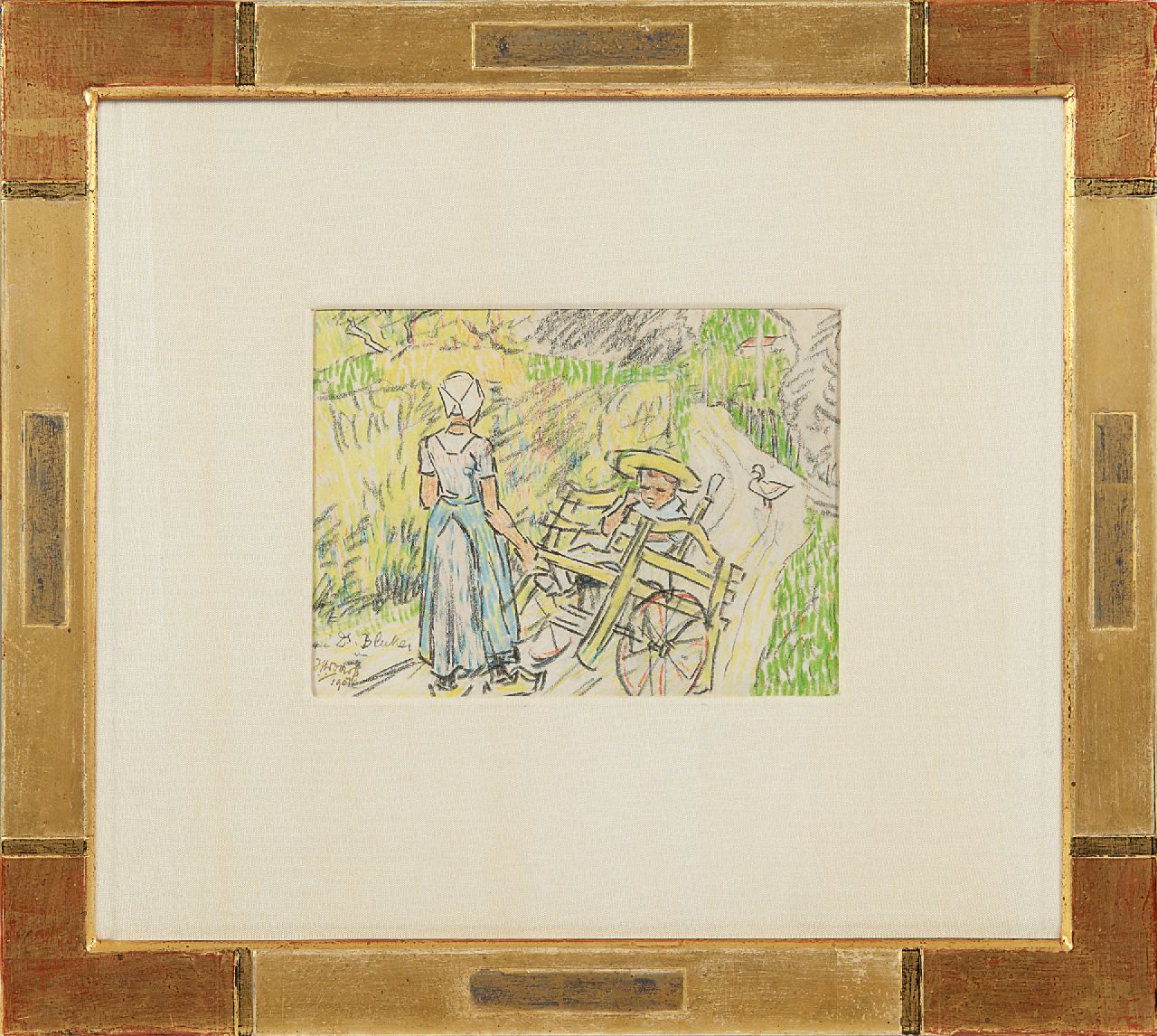 Toorop J.Th. | Johannes Theodorus 'Jan' Toorop, Kindermeisje met Fransje Elout en tamme gans 'de Poele' in Domburg, gekleurd krijt op papier 11,0 x 15,1 cm, gesigneerd linksonder en gedateerd 1907 Toorop J.Th. | Johannes Theodorus 'Jan' Toorop, Kindermeisje met Fransje Elout en tamme gans 'de Poele' in Domburg, gekleurd krijt op papier 11,0 x 15,1 cm, gesigneerd linksonder en gedateerd 1907