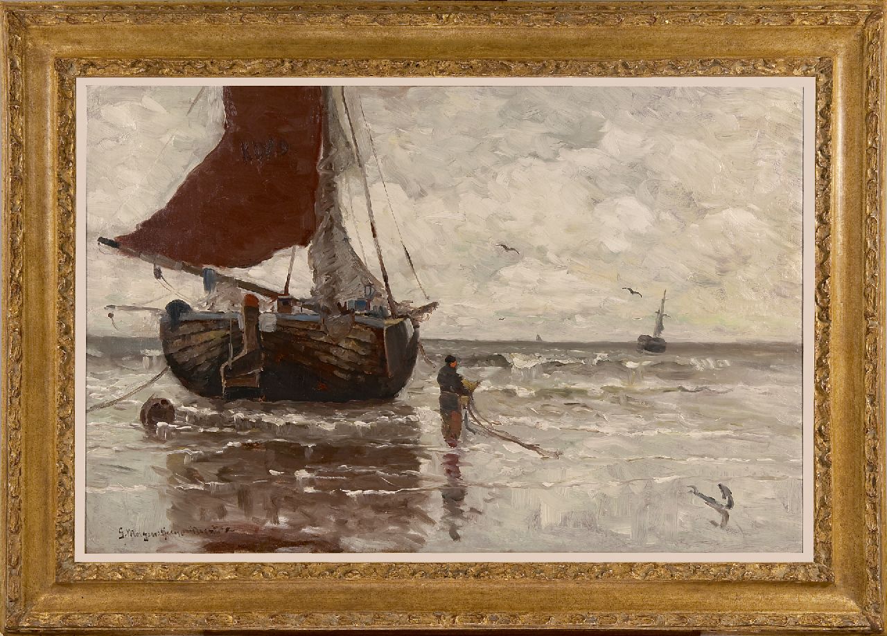 Munthe G.A.L.  | Gerhard Arij Ludwig 'Morgenstjerne' Munthe | Schilderijen te koop aangeboden | Bomschuit voor anker, olieverf op doek 62,9 x 96,4 cm, gesigneerd linksonder