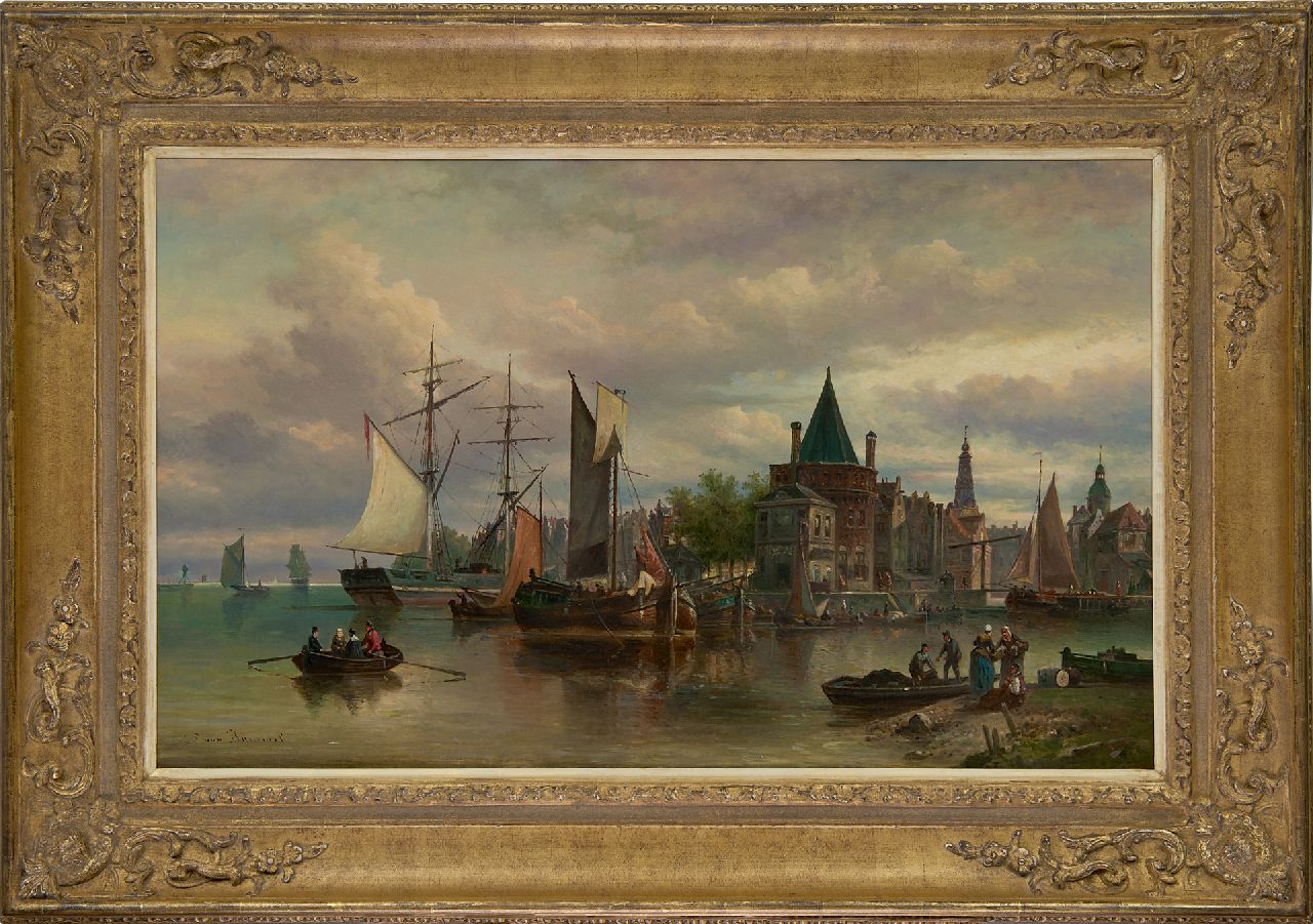 Bommel E.P. van | Elias Pieter van Bommel, Fantasiegezicht op Amsterdam met de Schreierstoren, olieverf op doek 50,3 x 82,4 cm, gesigneerd linksonder
