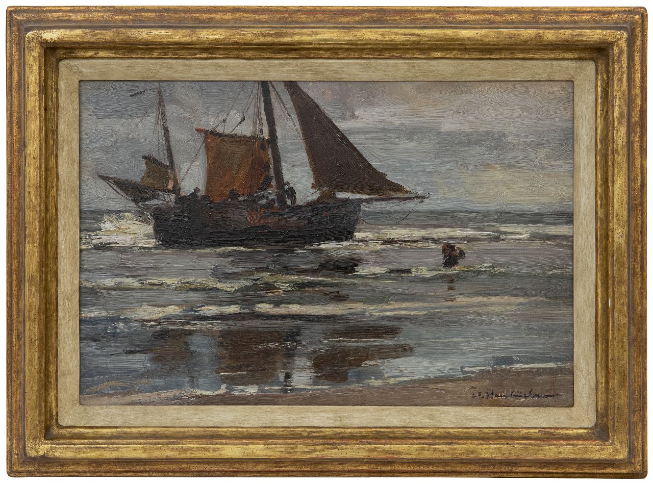 Hambüchen W. | Wilhelm Hambüchen | Schilderijen te koop aangeboden | Het uitladen van de vangst, Katwijk, olieverf op paneel 27,9 x 42,2 cm, gesigneerd rechtsonder Hambüchen W. | Wilhelm Hambüchen | Schilderijen te koop aangeboden | Het uitladen van de vangst, Katwijk, olieverf op paneel 27,9 x 42,2 cm, gesigneerd rechtsonder