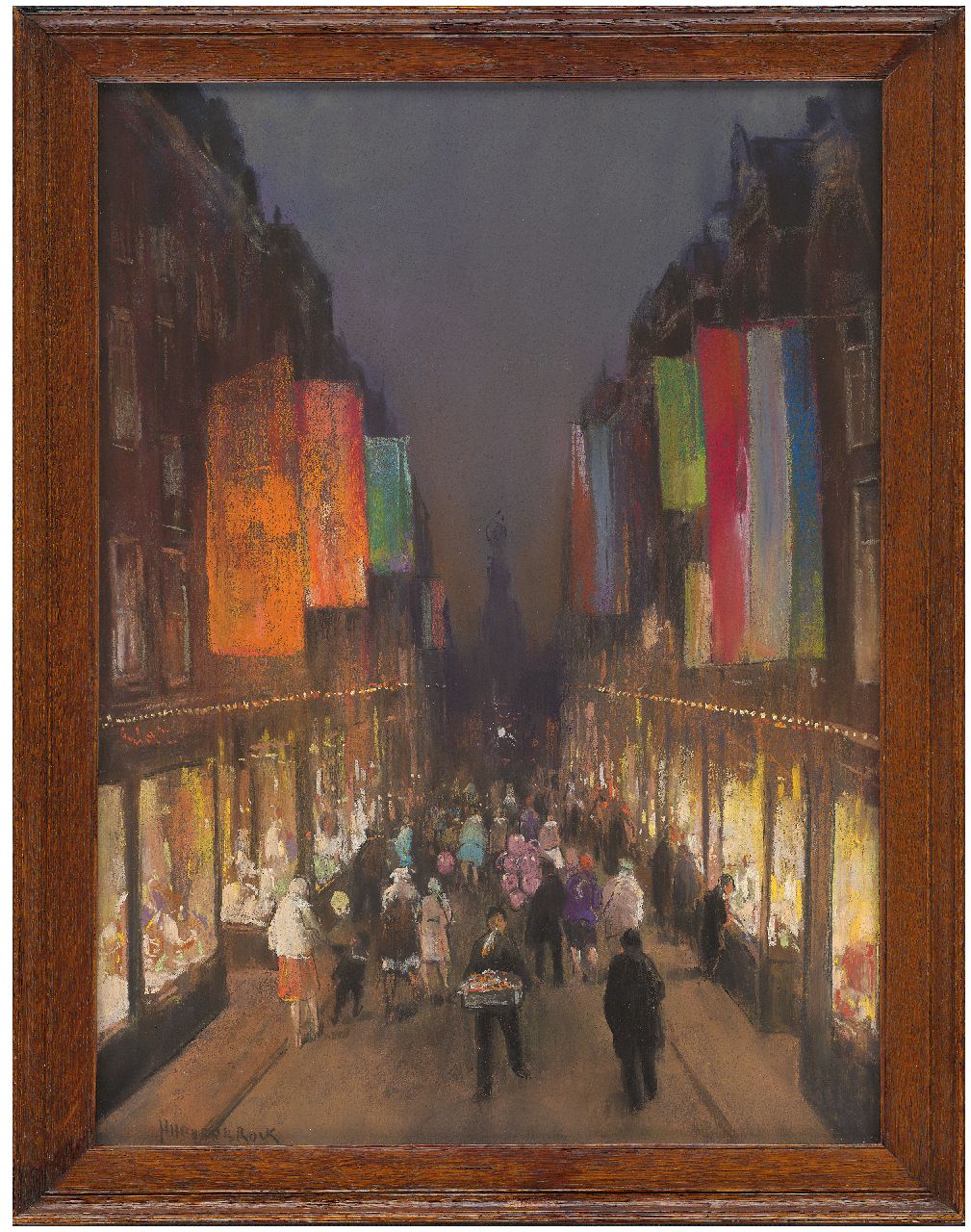 Heijenbrock J.C.H.  | Johan Coenraad Hermann 'Herman' Heijenbrock | Aquarellen en tekeningen te koop aangeboden | De Amsterdamse Kalverstraat met vlaggen, bij avond, pastel op papier 61,0 x 39,3 cm, gesigneerd linksonder en te dateren ca. 1932