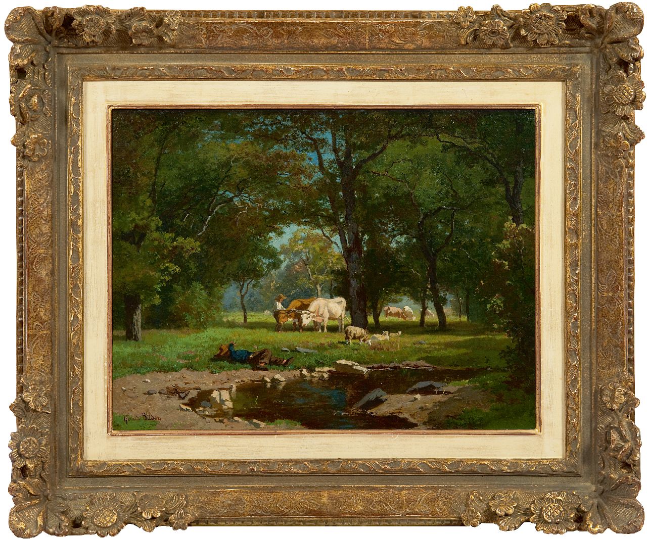 Bilders A.G. | Albertus Gerardus 'Gerard' Bilders, Herders met vee bij een bosbeek, olieverf op doek 31,0 x 41,2 cm, gesigneerd linksonder en te dateren begin jaren 1860 Bilders A.G. | Albertus Gerardus 'Gerard' Bilders, Herders met vee bij een bosbeek, olieverf op doek 31,0 x 41,2 cm, gesigneerd linksonder en te dateren begin jaren 1860