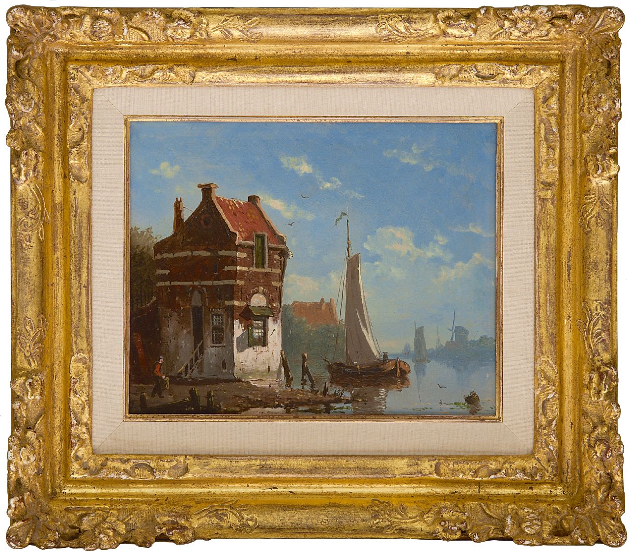 Roosdorp F. | Frederik Roosdorp, Zeilschepen op kalme rivier bij een dorpje, olieverf op paneel 14,2 x 17,6 cm, gesigneerd linksonder met initiaal Roosdorp F. | Frederik Roosdorp, Zeilschepen op kalme rivier bij een dorpje, olieverf op paneel 14,2 x 17,6 cm, gesigneerd linksonder met initiaal