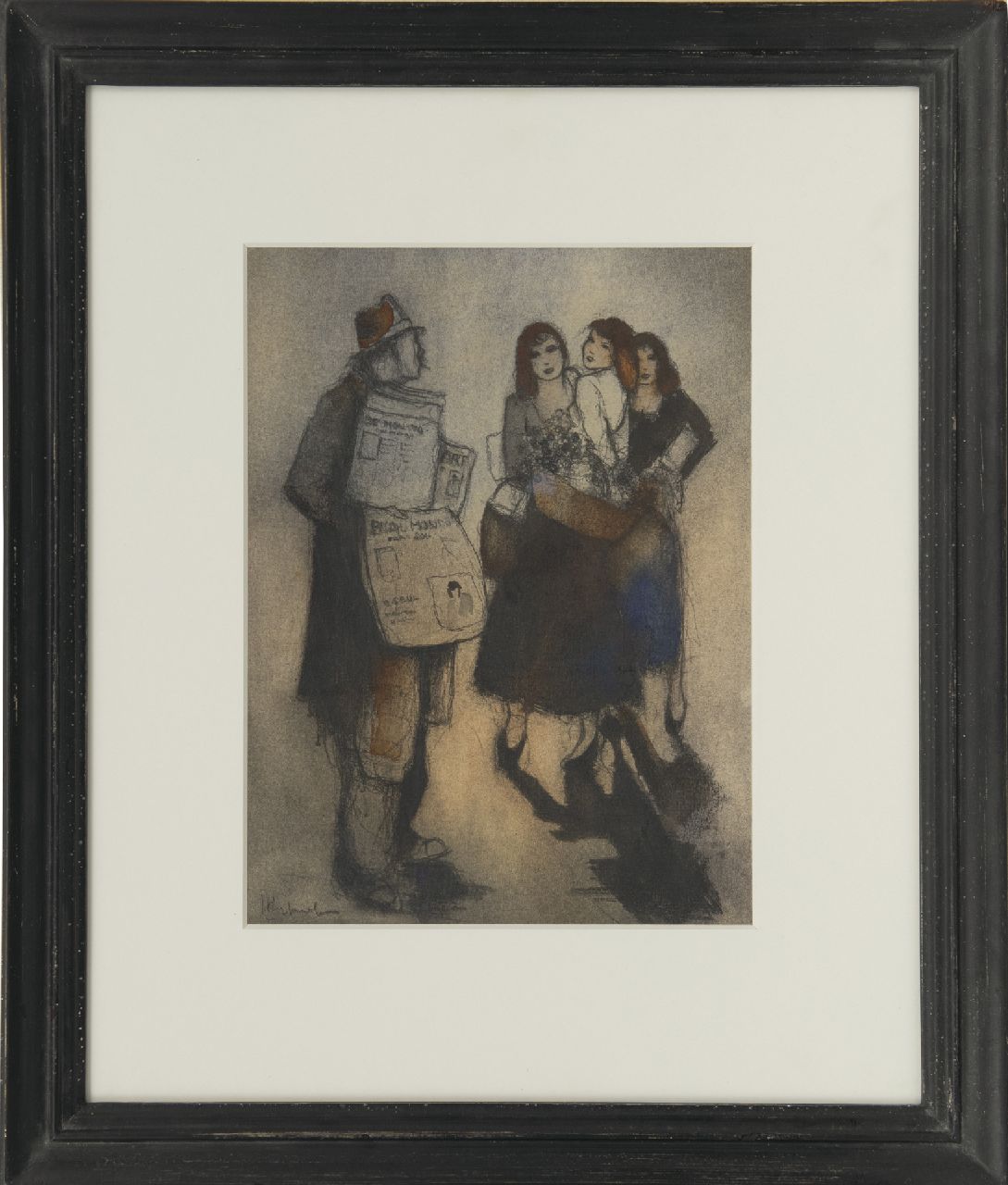 Rijlaarsdam J. | Jan Rijlaarsdam, Krantenverkoper en bloemenmeisjes, Parijs, zwart krijt en aquarel op papier 26,4 x 19,9 cm, gesigneerd linksonder Rijlaarsdam J. | Jan Rijlaarsdam, Krantenverkoper en bloemenmeisjes, Parijs, zwart krijt en aquarel op papier 26,4 x 19,9 cm, gesigneerd linksonder