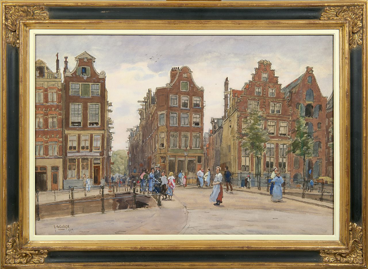 Bobeldijk F.  | Felicien Bobeldijk | Aquarellen en tekeningen te koop aangeboden | De Geldersekade vanaf de Bantammerbrug, Amsterdam, aquarel op papier 43,6 x 64,4 cm, gesigneerd linksonder en gedateerd 1917