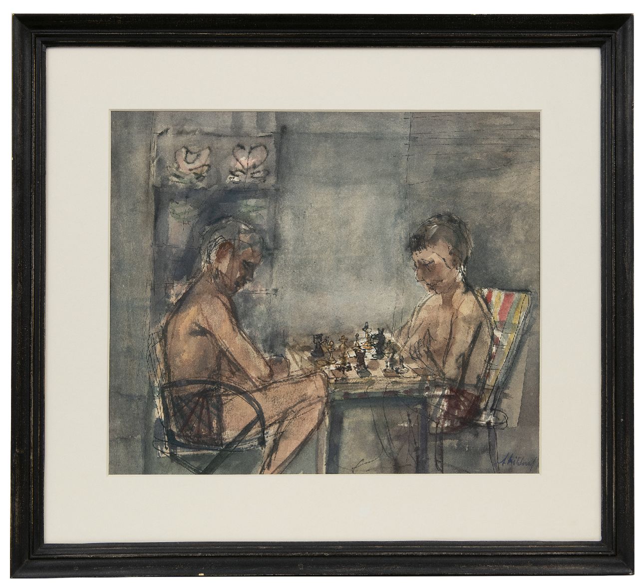 Kikkert A.  | Adriaan 'Ad' Kikkert | Aquarellen en tekeningen te koop aangeboden | Schaakspelers in café Pardoel, Rotterdam, inkt en aquarel op papier 30,7 x 41,6 cm