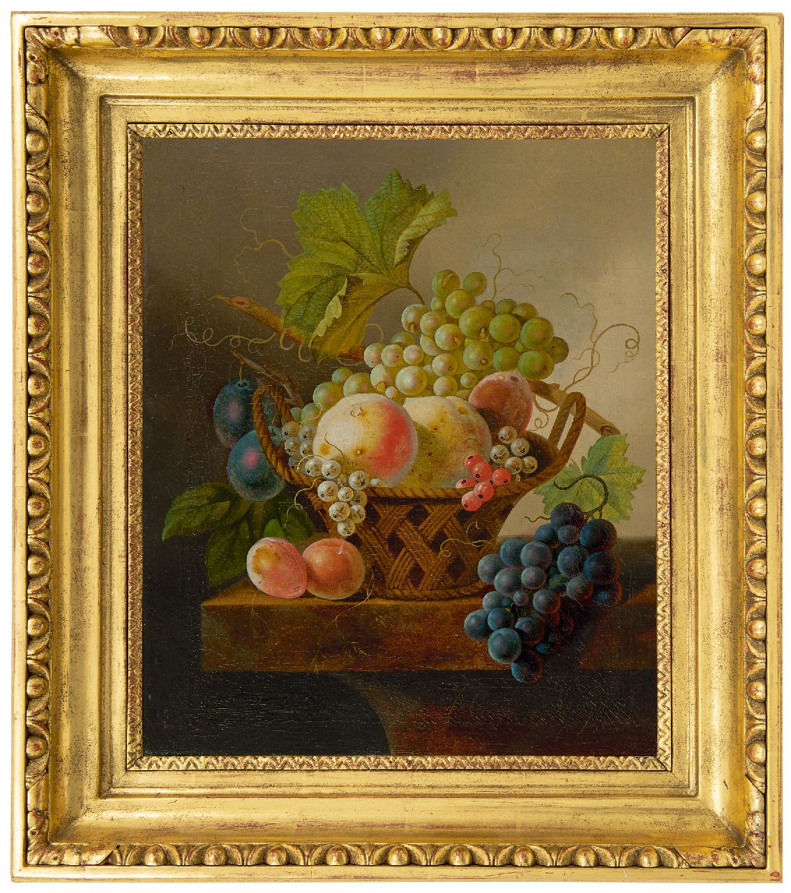 Bruyn J.C. de | Johannes Cornelis de Bruyn | Schilderijen te koop aangeboden | Stilleven met druiven en perziken in een mand, olieverf op doek 43,8 x 36,0 cm, gesigneerd rechtsonder Bruyn J.C. de | Johannes Cornelis de Bruyn | Schilderijen te koop aangeboden | Stilleven met druiven en perziken in een mand, olieverf op doek 43,8 x 36,0 cm, gesigneerd rechtsonder