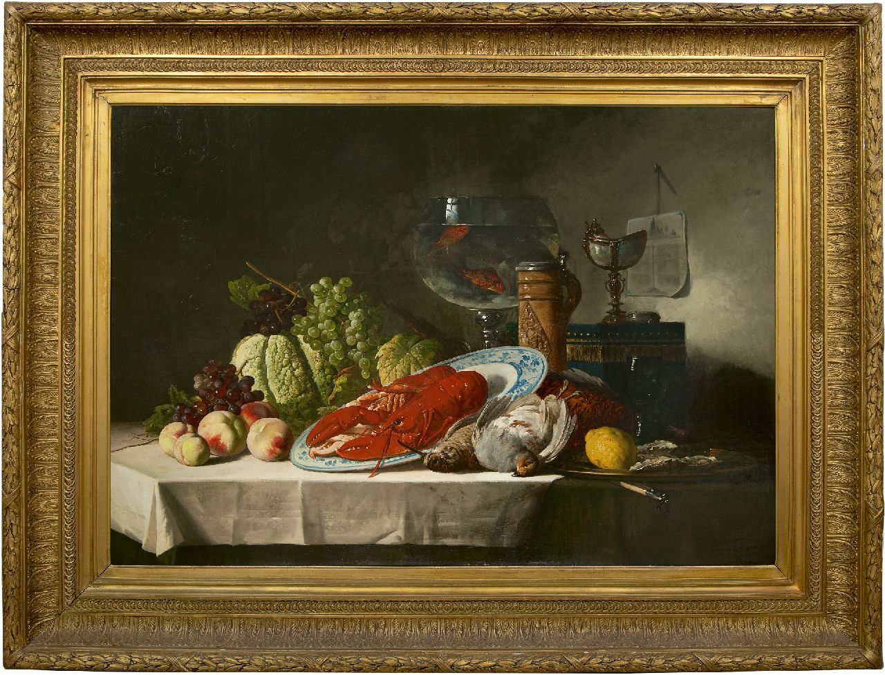 Schaefels L.V.  | Lucas Victor 'Luc' Schaefels, Stilleven met kreeft en vissenkom, olieverf op doek 91,2 x 130,3 cm, gesigneerd rechtsonder en gedateerd 1878