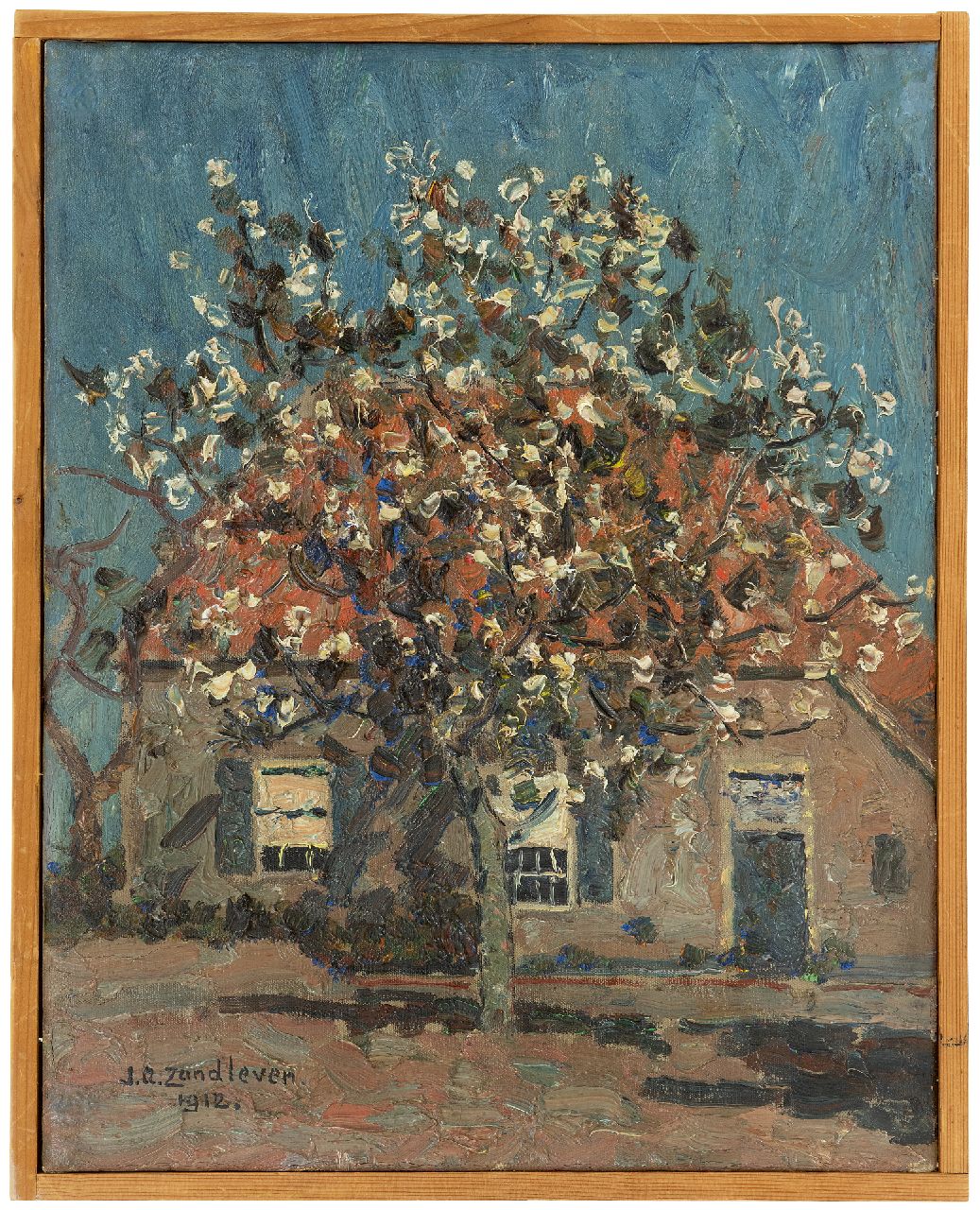 Zandleven J.A.  | Jan Adam Zandleven | Schilderijen te koop aangeboden | Bloeiende vruchtboom voor boerderij, olieverf op doek op paneel 40,2 x 32,1 cm, gesigneerd linksonder en gedateerd 1912