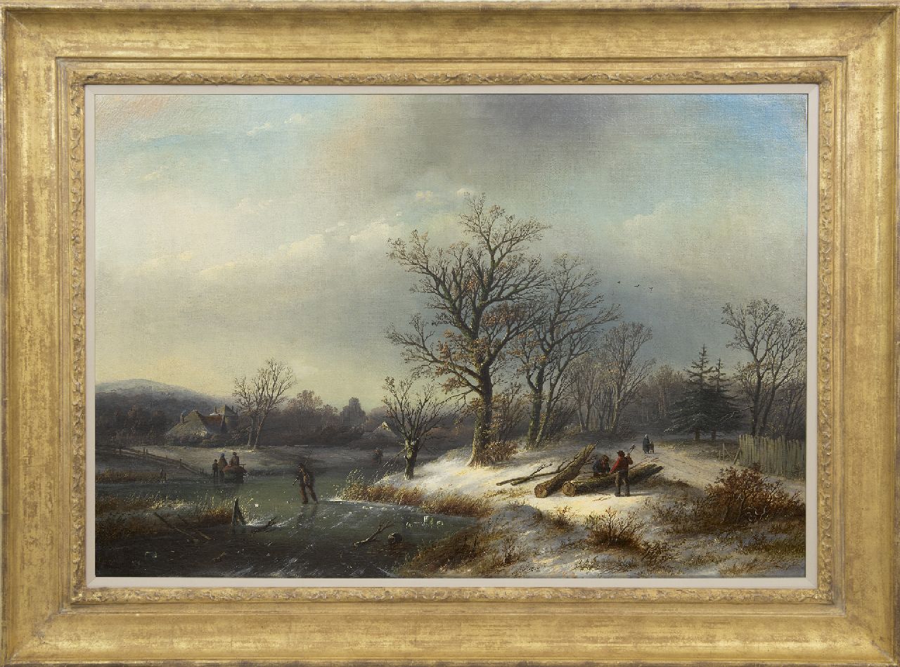 Spohler J.J.C. | Jacob Jan Coenraad Spohler, Winterlandschap met houthakkers en schaatsers, olieverf op doek 65,0 x 95,3 cm, gesigneerd linksonder Spohler J.J.C. | Jacob Jan Coenraad Spohler, Winterlandschap met houthakkers en schaatsers, olieverf op doek 65,0 x 95,3 cm, gesigneerd linksonder