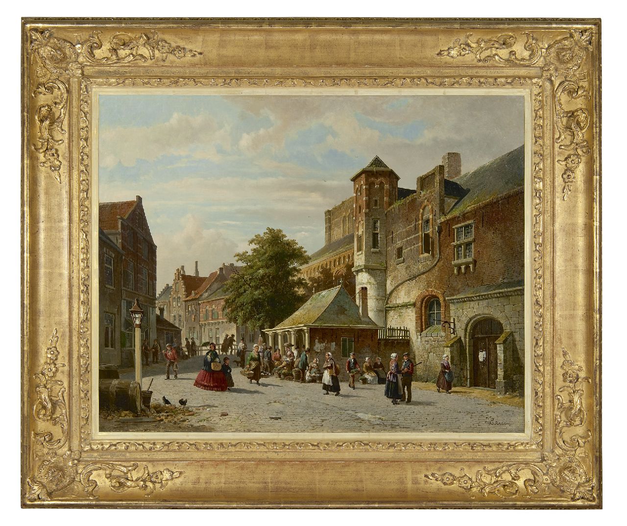 Eversen A.  | Adrianus Eversen, Stadsgezicht met overdekte visbank, olieverf op doek 56,2 x 70,2 cm, gesigneerd rechtsonder voluit en linksonder op ton met monogram    onogram