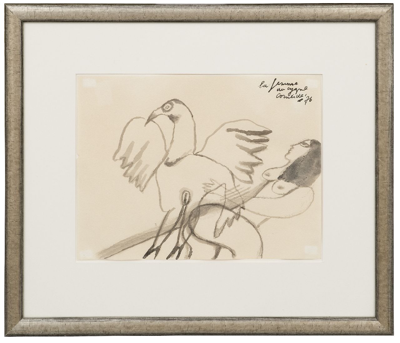 Corneille ('Corneille' Guillaume Beverloo) | Corneille ('Corneille' Guillaume Beverloo) | Aquarellen en tekeningen te koop aangeboden | La femme au cygne, inkt op papier 22,9 x 29,8 cm, gesigneerd rechtsboven en gedateerd '76 Corneille ('Corneille' Guillaume Beverloo) | Corneille ('Corneille' Guillaume Beverloo) | Aquarellen en tekeningen te koop aangeboden | La femme au cygne, inkt op papier 22,9 x 29,8 cm, gesigneerd rechtsboven en gedateerd '76