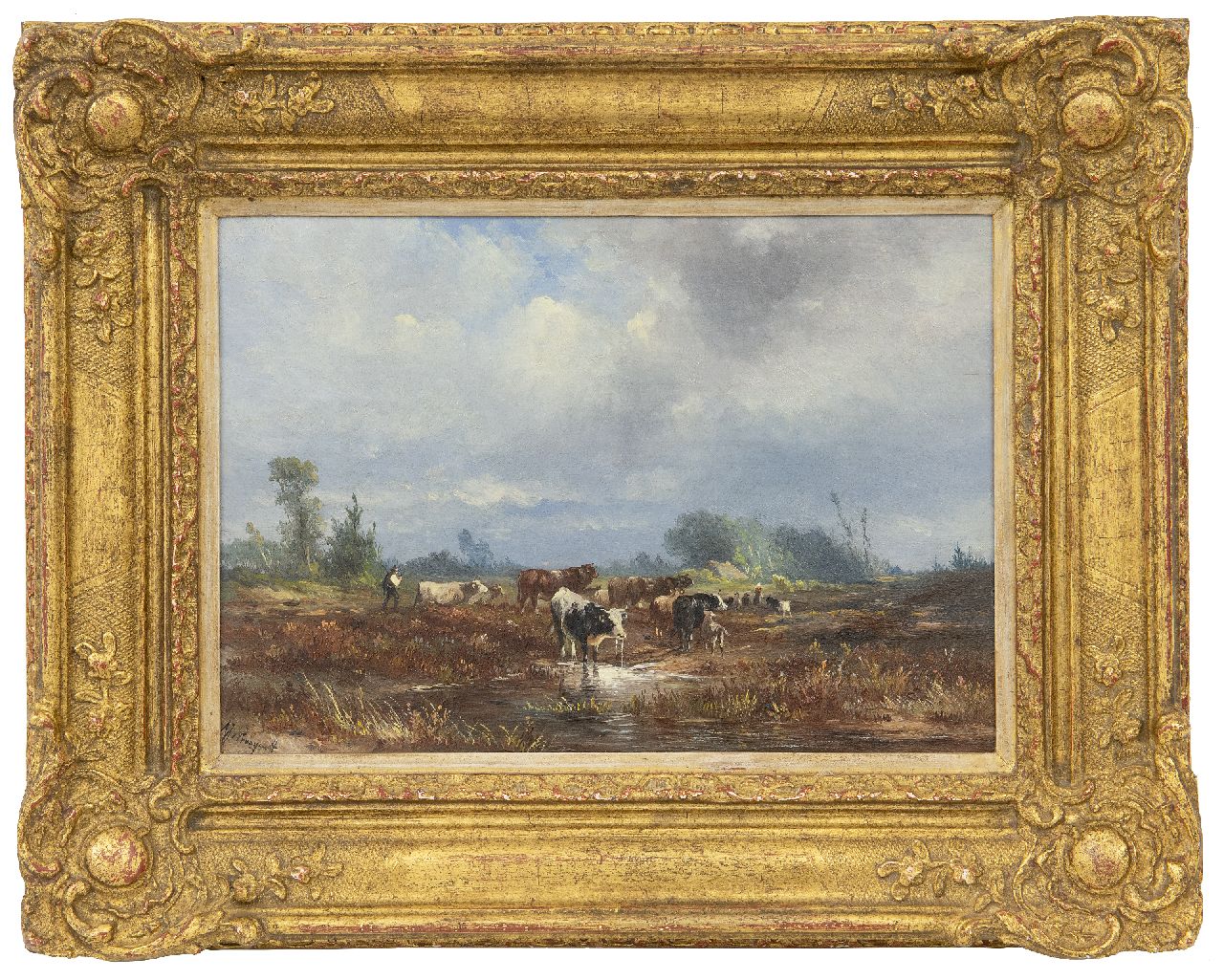 Prooijen A.J. van | Albert Jurardus van Prooijen | Schilderijen te koop aangeboden | Heidelandschap met herders en vee, olieverf op paneel 19,7 x 28,5 cm, gesigneerd linksonder Prooijen A.J. van | Albert Jurardus van Prooijen | Schilderijen te koop aangeboden | Heidelandschap met herders en vee, olieverf op paneel 19,7 x 28,5 cm, gesigneerd linksonder