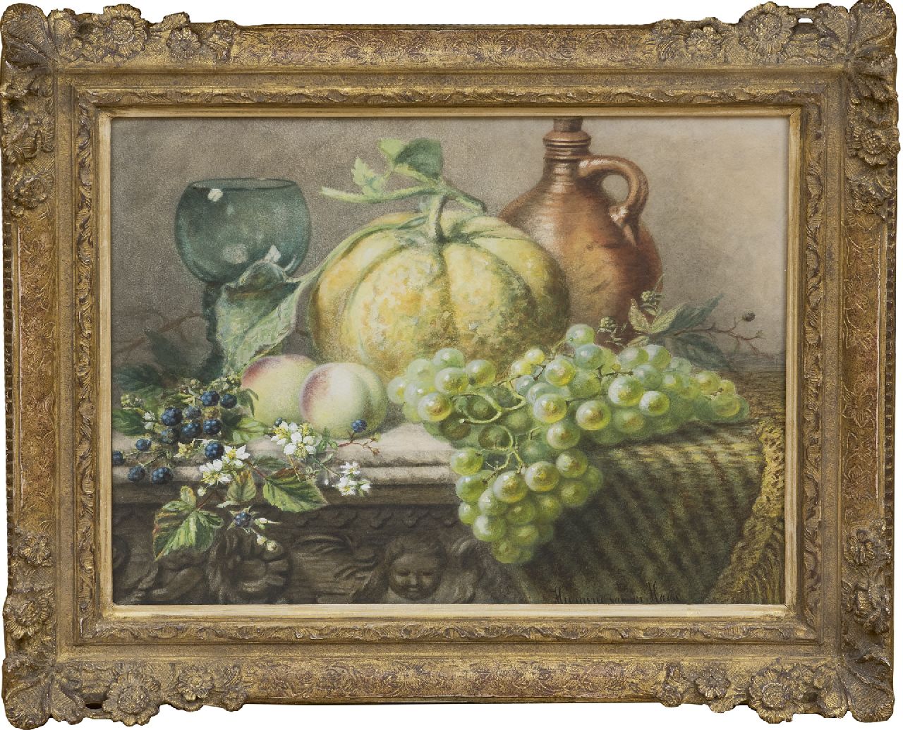 Haas C.P.H. van der | Charlotte Petronella 'Hermina' van der Haas | Aquarellen en tekeningen te koop aangeboden | Stilleven met fruit en een roemer, aquarel op papier 39,1 x 48,8 cm, gesigneerd rechtsonder