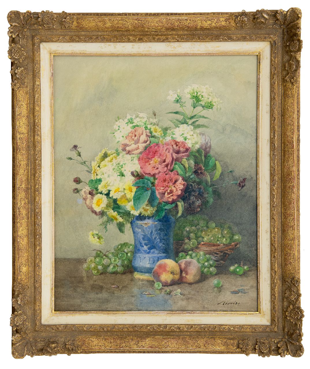 Rivoire F.  | François Rivoire, Stilleven met rozen, phloxen en fruit, aquarel op papier 58,4 x 46,4 cm, gesigneerd rechtsonder