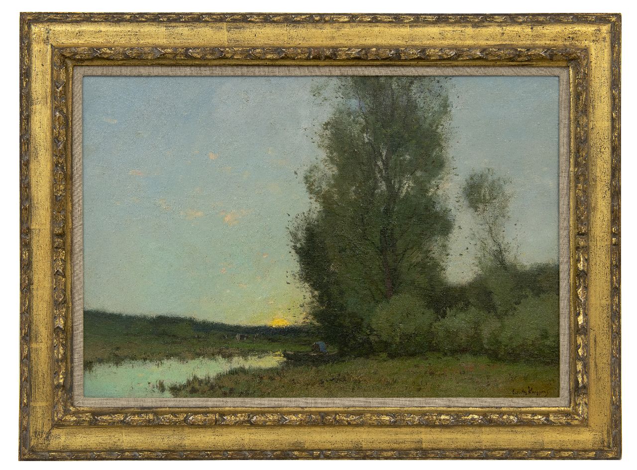 Kuijpers C. | Cornelis Kuijpers | Schilderijen te koop aangeboden | Boer in roeiboot bij zonsopkomst aan de bosrand, olieverf op doek 42,0 x 61,5 cm, gesigneerd rechtsonder Kuijpers C. | Cornelis Kuijpers | Schilderijen te koop aangeboden | Boer in roeiboot bij zonsopkomst aan de bosrand, olieverf op doek 42,0 x 61,5 cm, gesigneerd rechtsonder