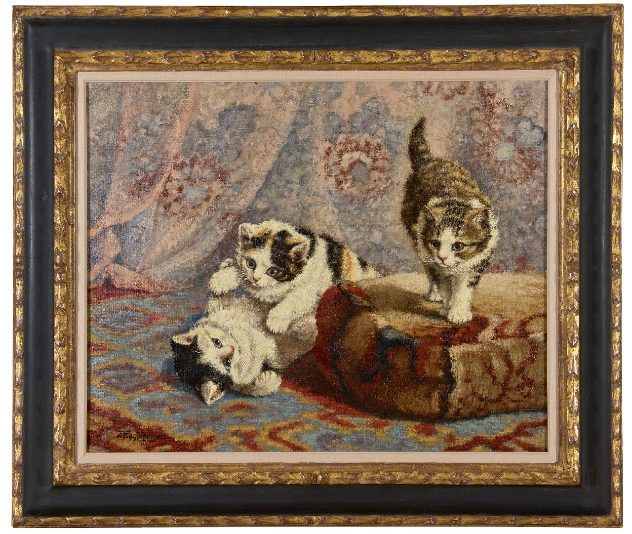 Raaphorst C. | Cornelis Raaphorst, Drie spelende katjes bij een poef, olieverf op doek 40,4 x 50,7 cm, gesigneerd linksonder en zonder lijst Raaphorst C. | Cornelis Raaphorst, Drie spelende katjes bij een poef, olieverf op doek 40,4 x 50,7 cm, gesigneerd linksonder en zonder lijst