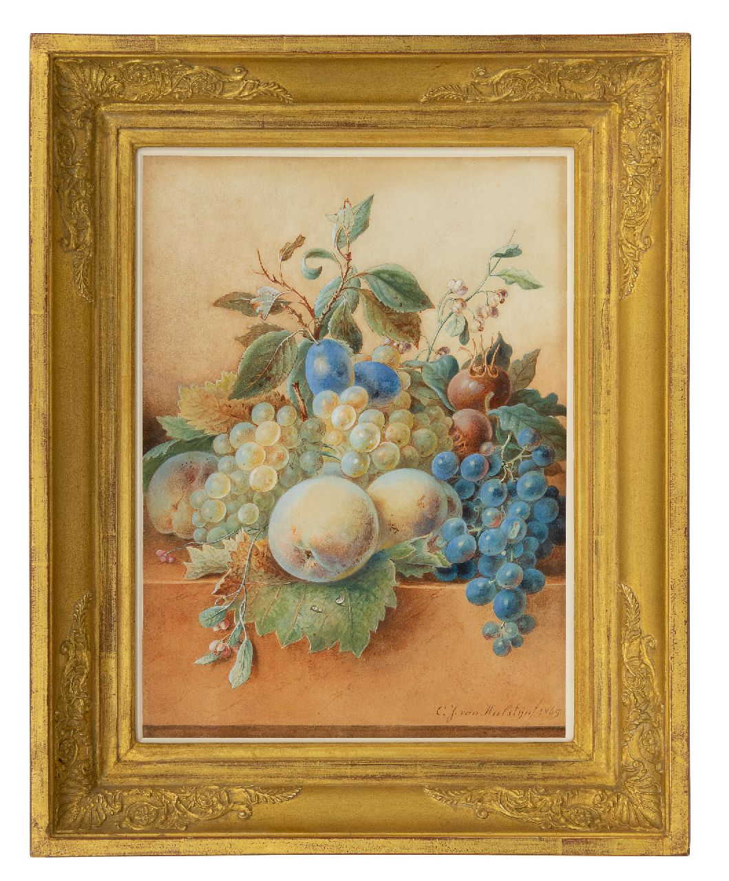 Hulstijn C.J. van | Cornelis Johannes 'Johan' van Hulstijn | Aquarellen en tekeningen te koop aangeboden | Fruitstilleven op marmeren plint, aquarel op papier 37,3 x 27,4 cm, gesigneerd rechtsonder en gedateerd 1869 Hulstijn C.J. van | Cornelis Johannes 'Johan' van Hulstijn | Aquarellen en tekeningen te koop aangeboden | Fruitstilleven op marmeren plint, aquarel op papier 37,3 x 27,4 cm, gesigneerd rechtsonder en gedateerd 1869