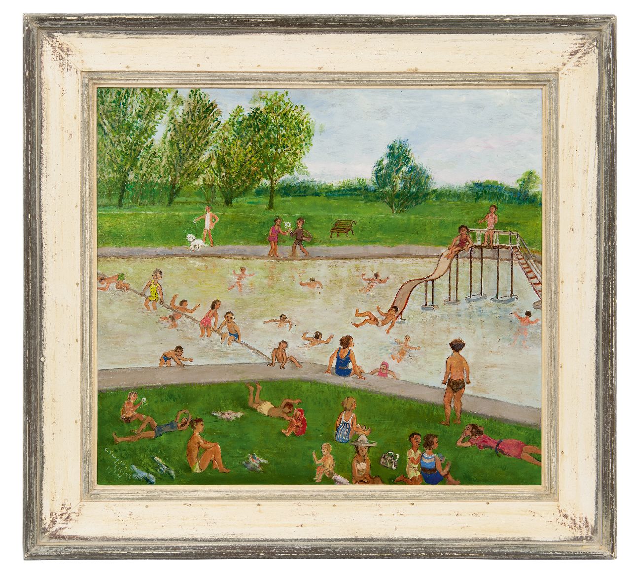 Swijser-'t Hart C.C.M. | Catharina 'Christina' Maria Swijser-'t Hart, Zwembad in de zomer, olieverf op board 48,8 x 54,4 cm, gesigneerd linksonder en gedateerd 1964 Swijser-'t Hart C.C.M. | Catharina 'Christina' Maria Swijser-'t Hart, Zwembad in de zomer, olieverf op board 48,8 x 54,4 cm, gesigneerd linksonder en gedateerd 1964
