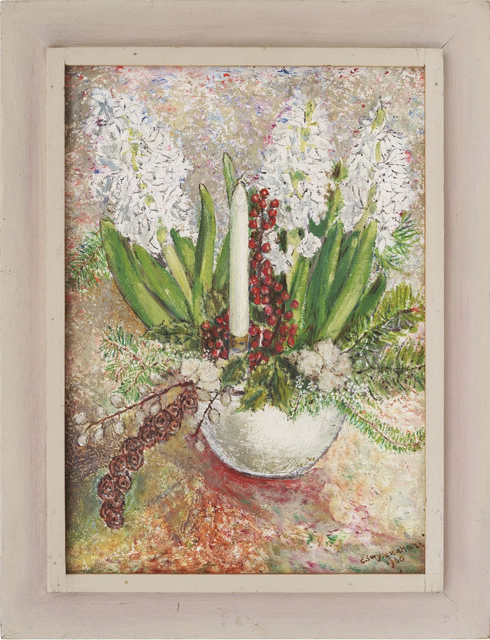 Swijser-'t Hart C.C.M. | Catharina 'Christina' Maria Swijser-'t Hart, Kerststilleven met hyacinten, olieverf op board 40,5 x 28,8 cm, gesigneerd rechtsonder en gedateerd 1960 Swijser-'t Hart C.C.M. | Catharina 'Christina' Maria Swijser-'t Hart, Kerststilleven met hyacinten, olieverf op board 40,5 x 28,8 cm, gesigneerd rechtsonder en gedateerd 1960