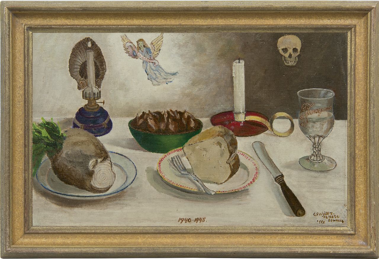 Swijser-'t Hart C.C.M. | Catharina 'Christina' Maria Swijser-'t Hart | Schilderijen te koop aangeboden | 'Feestmaaltijd' 1940-1945, olieverf op doek op paneel 34,7 x 55,9 cm, gesigneerd rechtsonder en gedateerd 'Den Haag' 1955 Swijser-'t Hart C.C.M. | Catharina 'Christina' Maria Swijser-'t Hart | Schilderijen te koop aangeboden | 'Feestmaaltijd' 1940-1945, olieverf op doek op paneel 34,7 x 55,9 cm, gesigneerd rechtsonder en gedateerd 'Den Haag' 1955