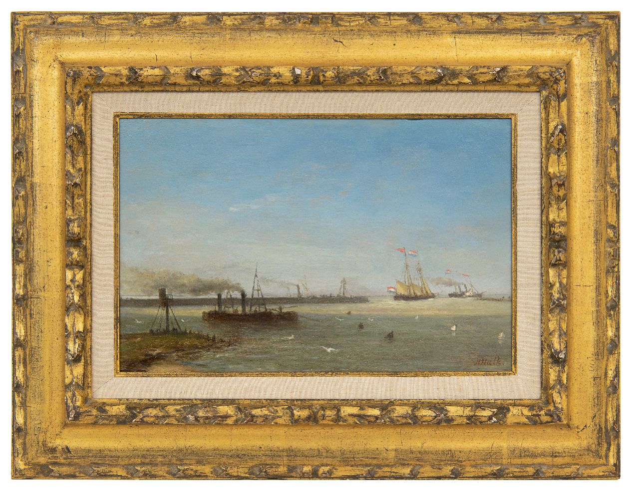 Hulk H.  | Hendrik Hulk | Schilderijen te koop aangeboden | Uitzeilende brik en raderstoomboot bij een zeepier, olieverf op paneel 17,3 x 26,8 cm, gesigneerd rechtsonder