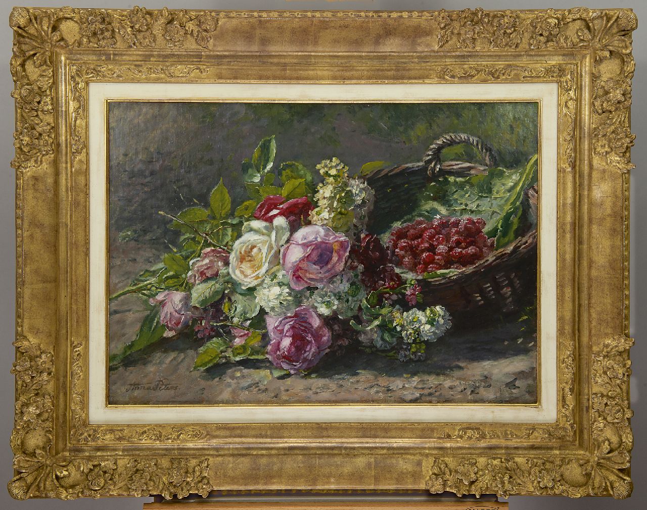 Peters A. | Anna Peters, Stilleven met rozen en korf met frambozen, olieverf op doek 42,8 x 60,1 cm, gesigneerd linksonder en te dateren ca. 1880 Peters A. | Anna Peters, Stilleven met rozen en korf met frambozen, olieverf op doek 42,8 x 60,1 cm, gesigneerd linksonder en te dateren ca. 1880