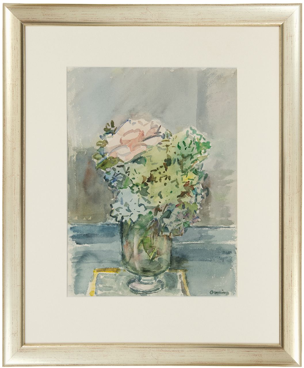 Bieruma Oosting A.J.W.  | Adriana Johanna Wilhelmina 'Jeanne' Bieruma Oosting, Hortensia's en klimroos in een vaas, aquarel op papier 49,3 x 36,0 cm, gesigneerd rechtsonder