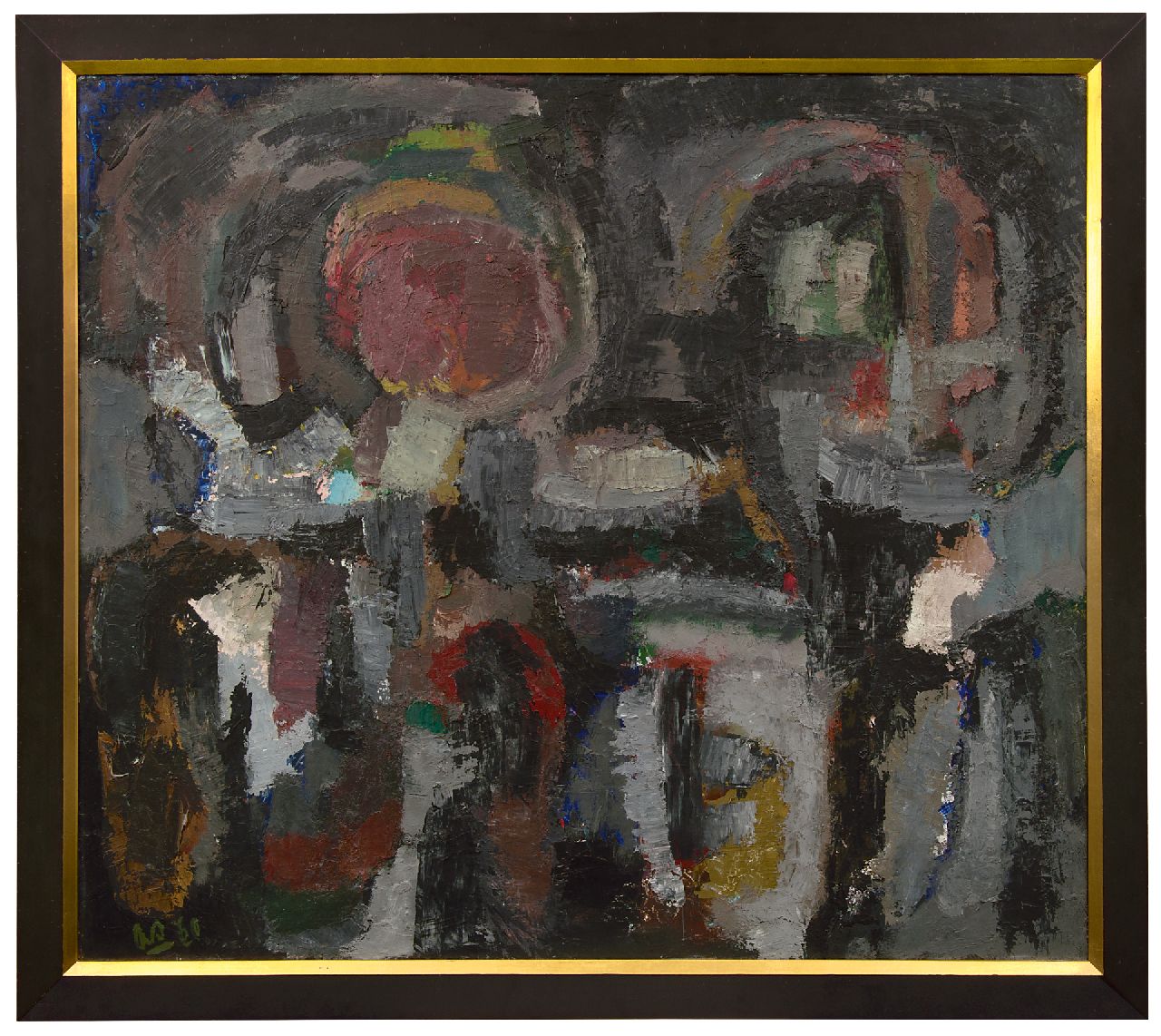 Snijders A.C. | Adrianus Cornelis 'Ad' Snijders, Figuren in landschap, olieverf op board 107,4 x 122,3 cm, gesigneerd linksonder met initialen en verso voluit en gedateerd '60 Snijders A.C. | Adrianus Cornelis 'Ad' Snijders, Figuren in landschap, olieverf op board 107,4 x 122,3 cm, gesigneerd linksonder met initialen en verso voluit en gedateerd '60