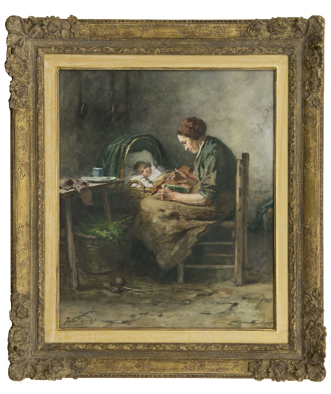 Weiland J. | Johannes Weiland | Aquarellen en tekeningen te koop aangeboden | Boereninterieur met moeder en kind, aquarel op papier 48,0 x 40,3 cm, gesigneerd linksonder Weiland J. | Johannes Weiland | Aquarellen en tekeningen te koop aangeboden | Boereninterieur met moeder en kind, aquarel op papier 48,0 x 40,3 cm, gesigneerd linksonder