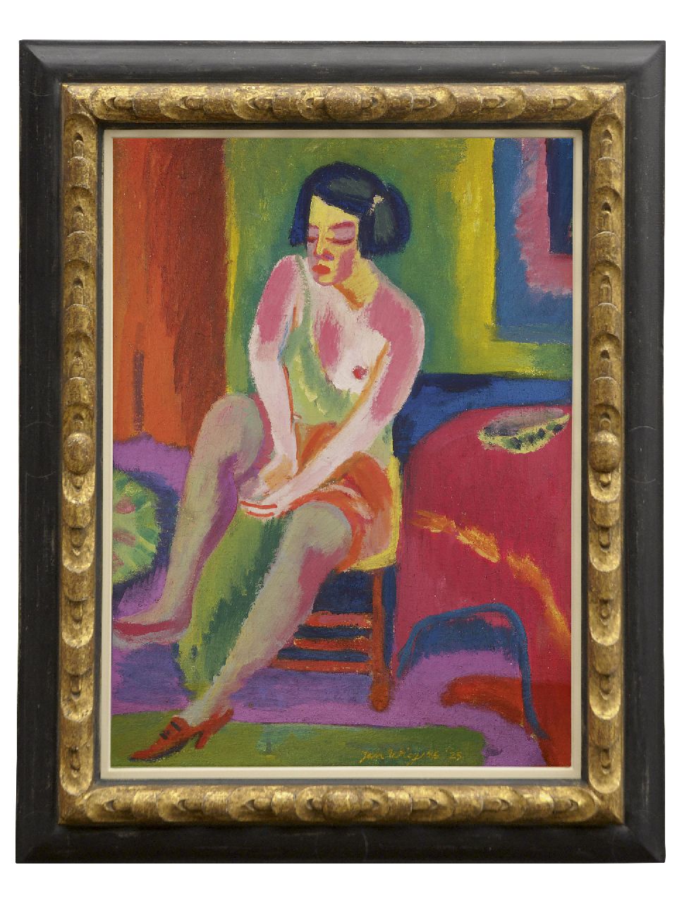 Wiegers J.  | Jan Wiegers, Zittend naakt, wasverf op doek 70,4 x 55,4 cm, gesigneerd middenonder en gedateerd '25