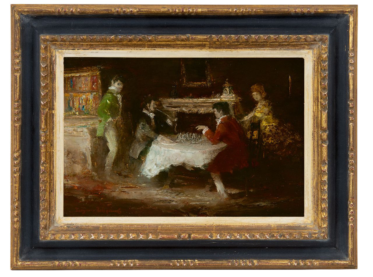 Meyer-Wiegand R.D.  | Rolf Dieter Meyer-Wiegand | Schilderijen te koop aangeboden | De schaakpartij, olieverf op paneel 20,2 x 30,2 cm, gesigneerd linksonder