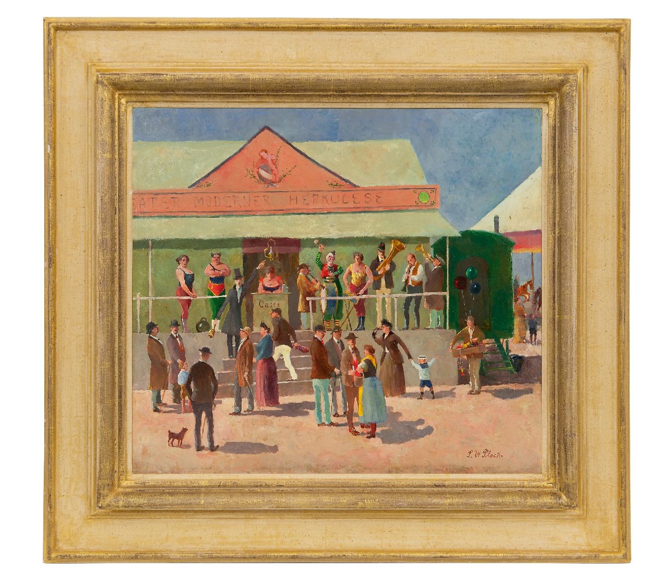 Plock L.W. | Ludwig Wilhelm Plock, Op de kermis bij de tent van de Sterkste Man, olieverf op doek 35,4 x 40,1 cm, gesigneerd rechtsonder Plock L.W. | Ludwig Wilhelm Plock, Op de kermis bij de tent van de Sterkste Man, olieverf op doek 35,4 x 40,1 cm, gesigneerd rechtsonder